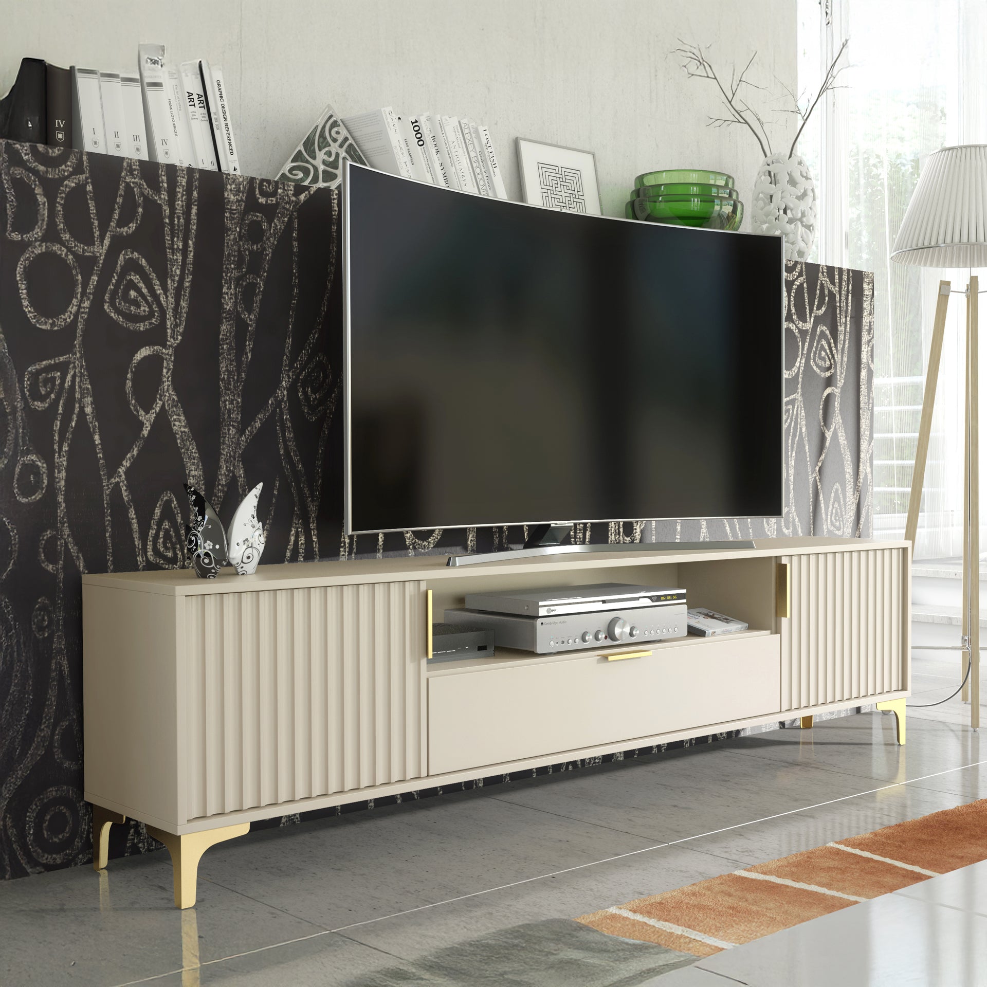 TV Stand – 200cm – Grooved Doors – Gold Legs – Storage Drawer – LIVARO Collection