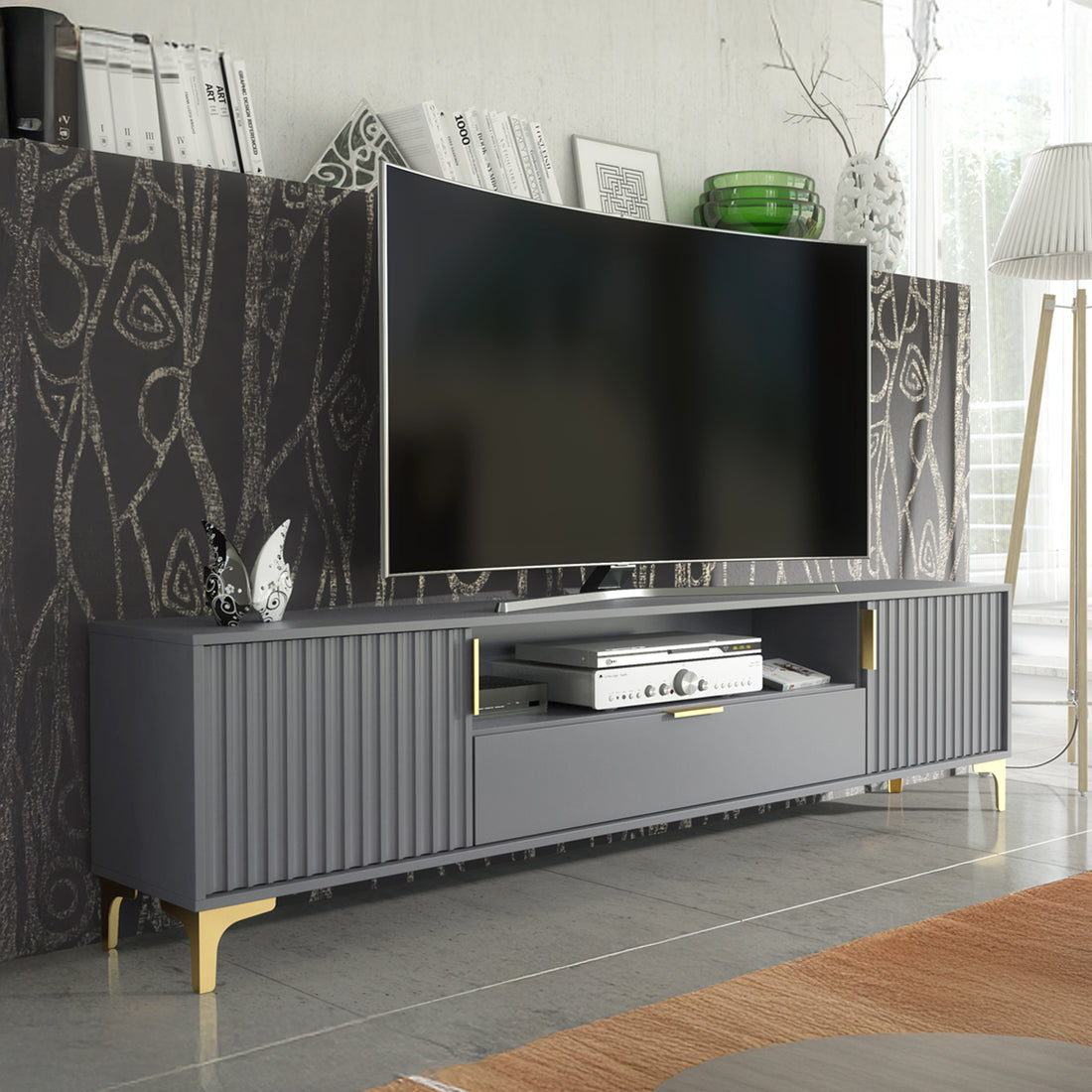 TV Stand – 200cm – Grooved Doors – Gold Legs – Storage Drawer – LIVARO Collection