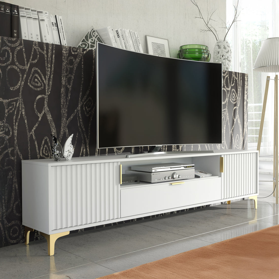 TV Stand – 200cm – Grooved Doors – Gold Legs – Storage Drawer – LIVARO Collection