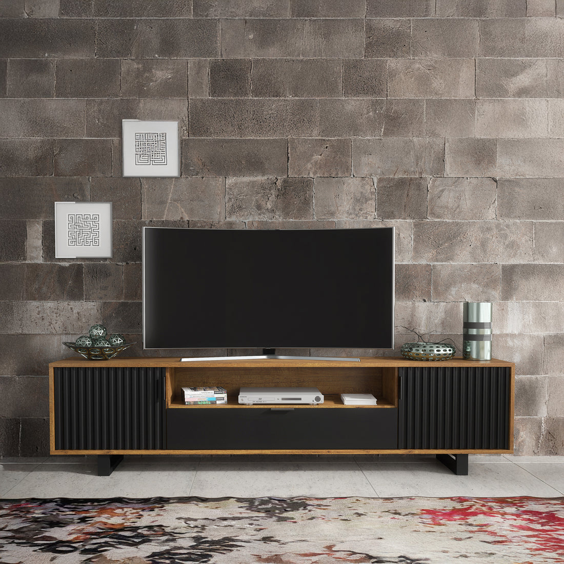 Sideboard TV Unit 200cm with Grooved Doors & Drawer - Oak & Black - TERRANO Collection