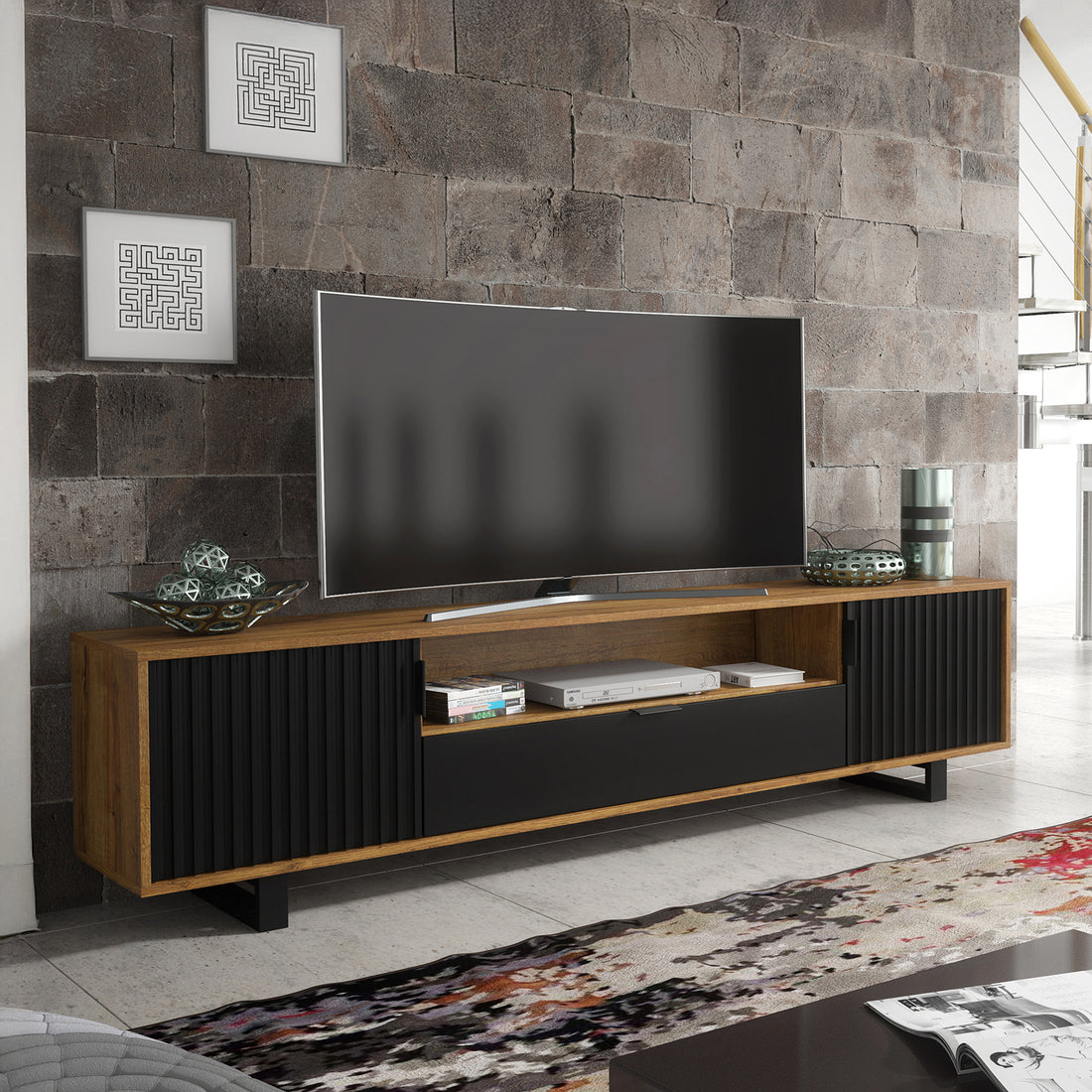 Sideboard TV Unit 200cm with Grooved Doors & Drawer - Oak & Black - TERRANO Collection
