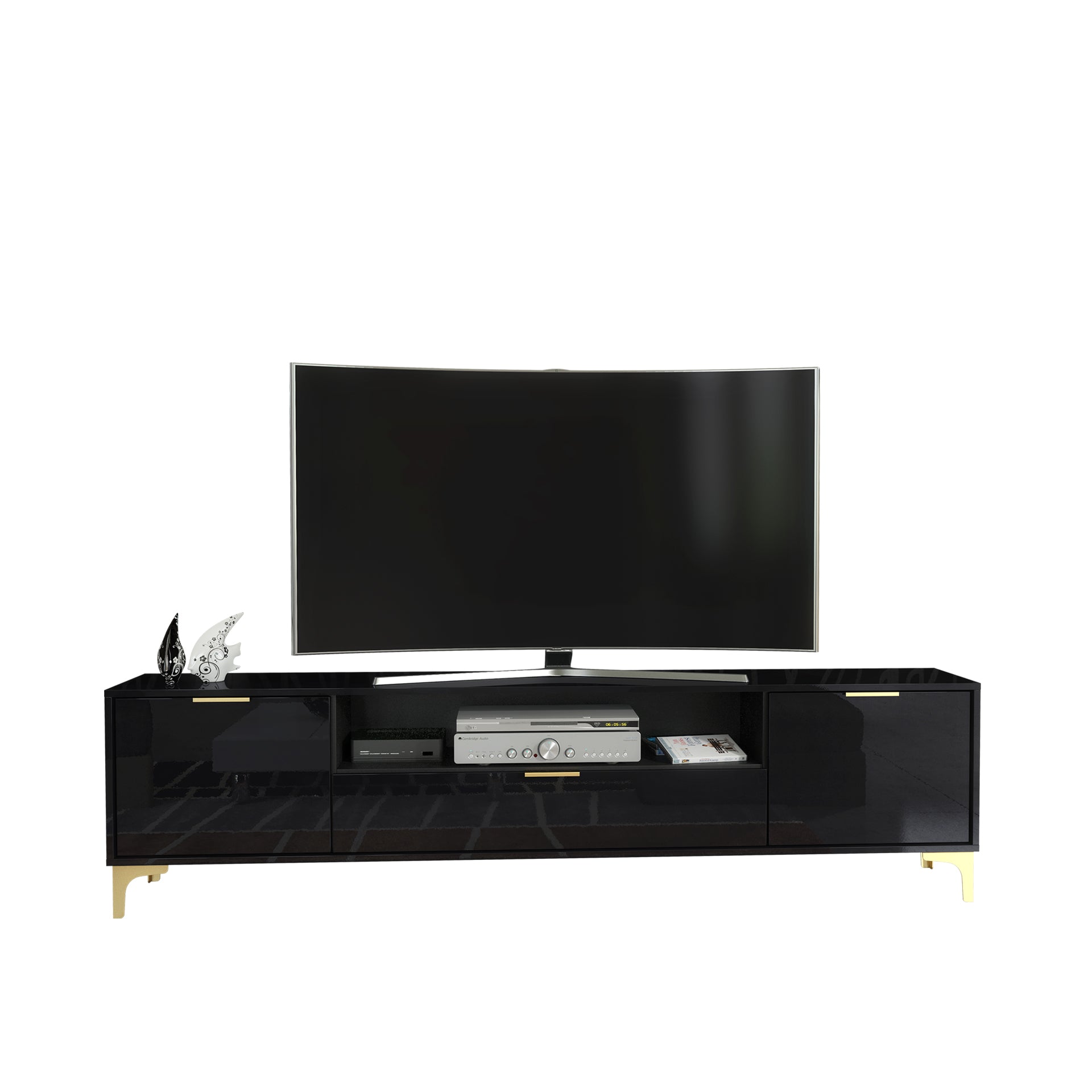 TV Stand – 200cm – High Gloss Finish – Gold Legs – Storage Cabinet – LUMINO Collection