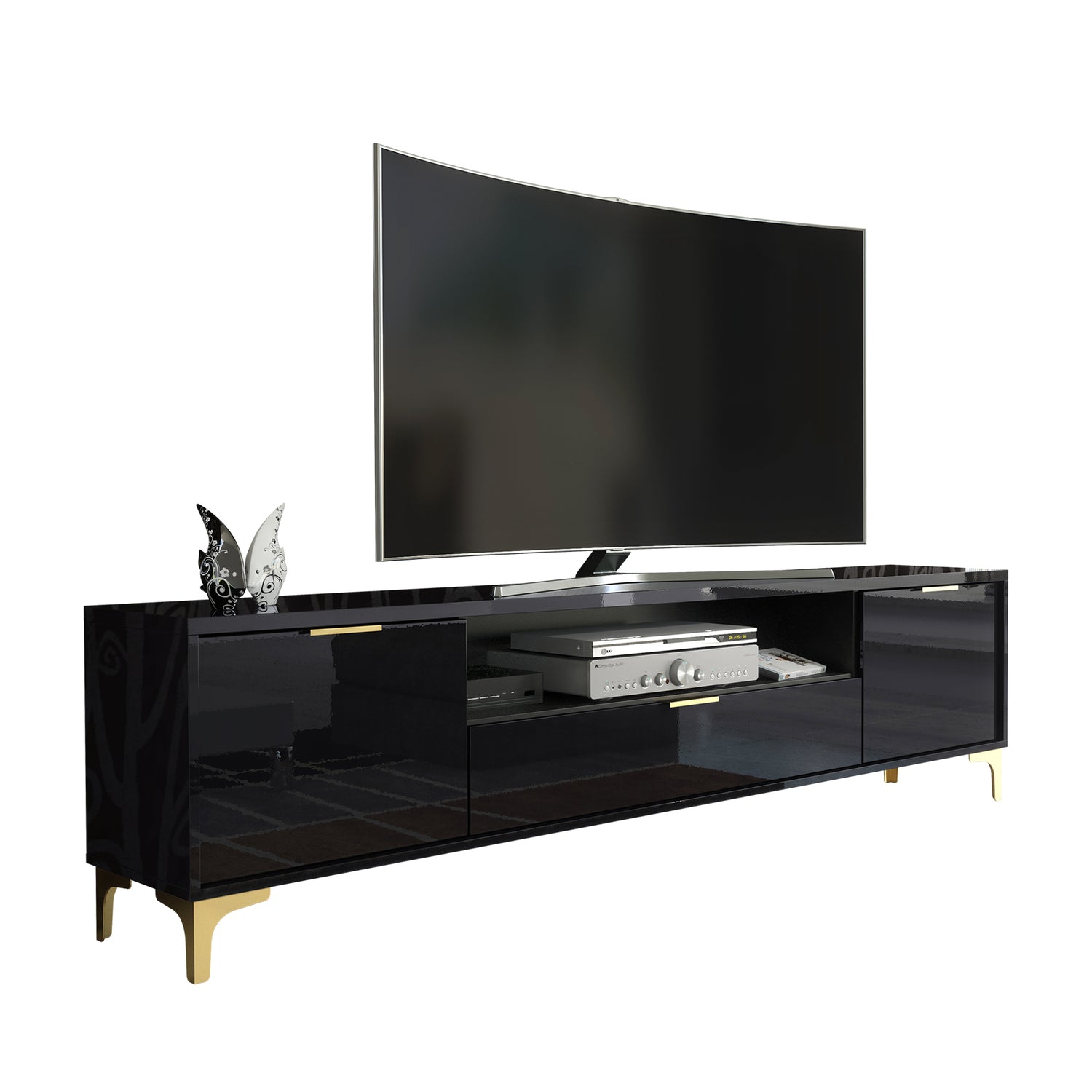 TV Stand – 200cm – High Gloss Finish – Gold Legs – Storage Cabinet – LUMINO Collection