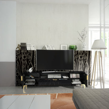 TV Stand – 200cm – High Gloss Finish – Gold Legs – Storage Cabinet – LUMINO Collection