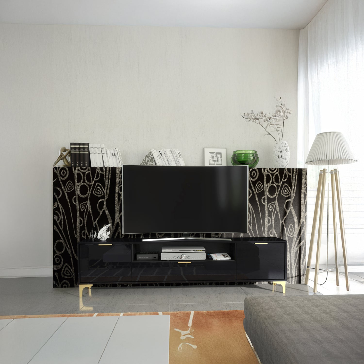 TV Stand – 200cm – High Gloss Finish – Gold Legs – Storage Cabinet – LUMINO Collection