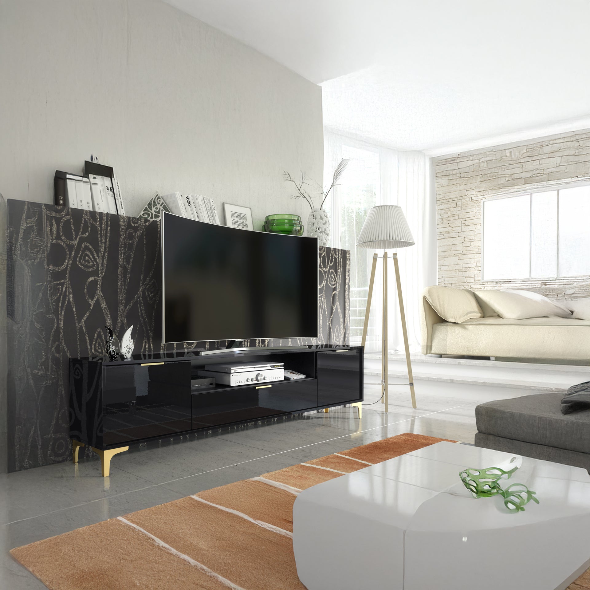 TV Stand – 200cm – High Gloss Finish – Gold Legs – Storage Cabinet – LUMINO Collection