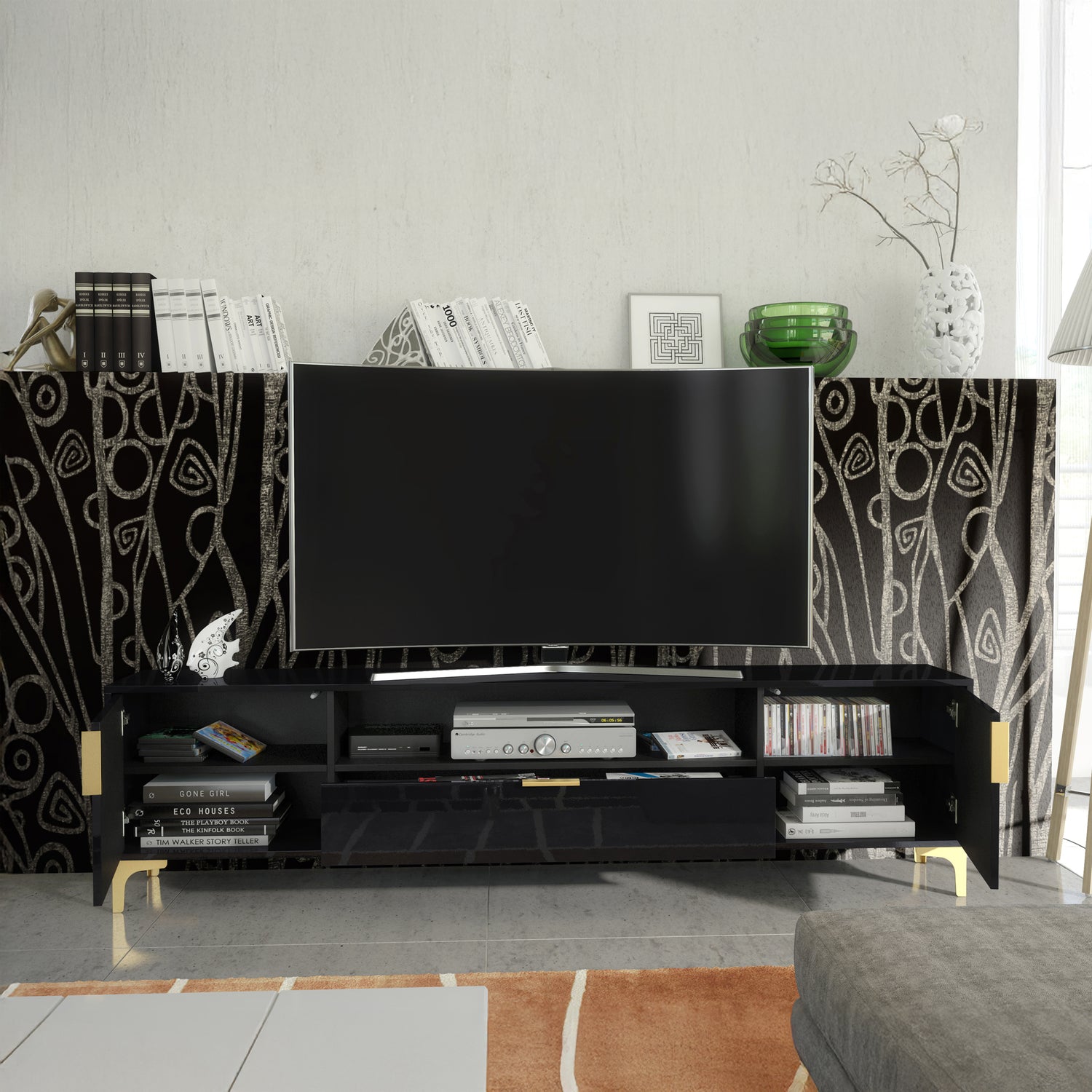 TV Stand – 200cm – High Gloss Finish – Gold Legs – Storage Cabinet – LUMINO Collection