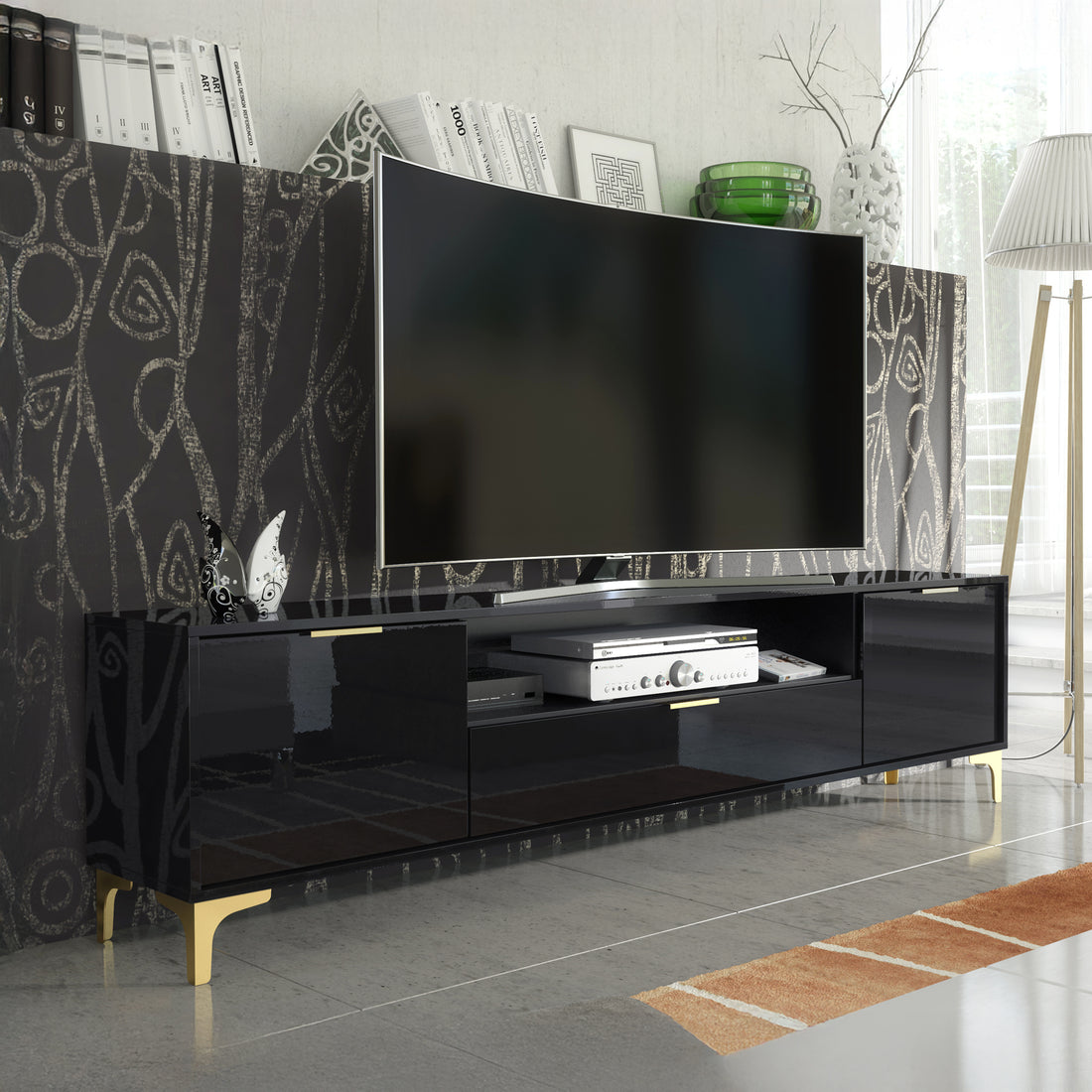 TV Stand – 200cm – High Gloss Finish – Gold Legs – Storage Cabinet – LUMINO Collection