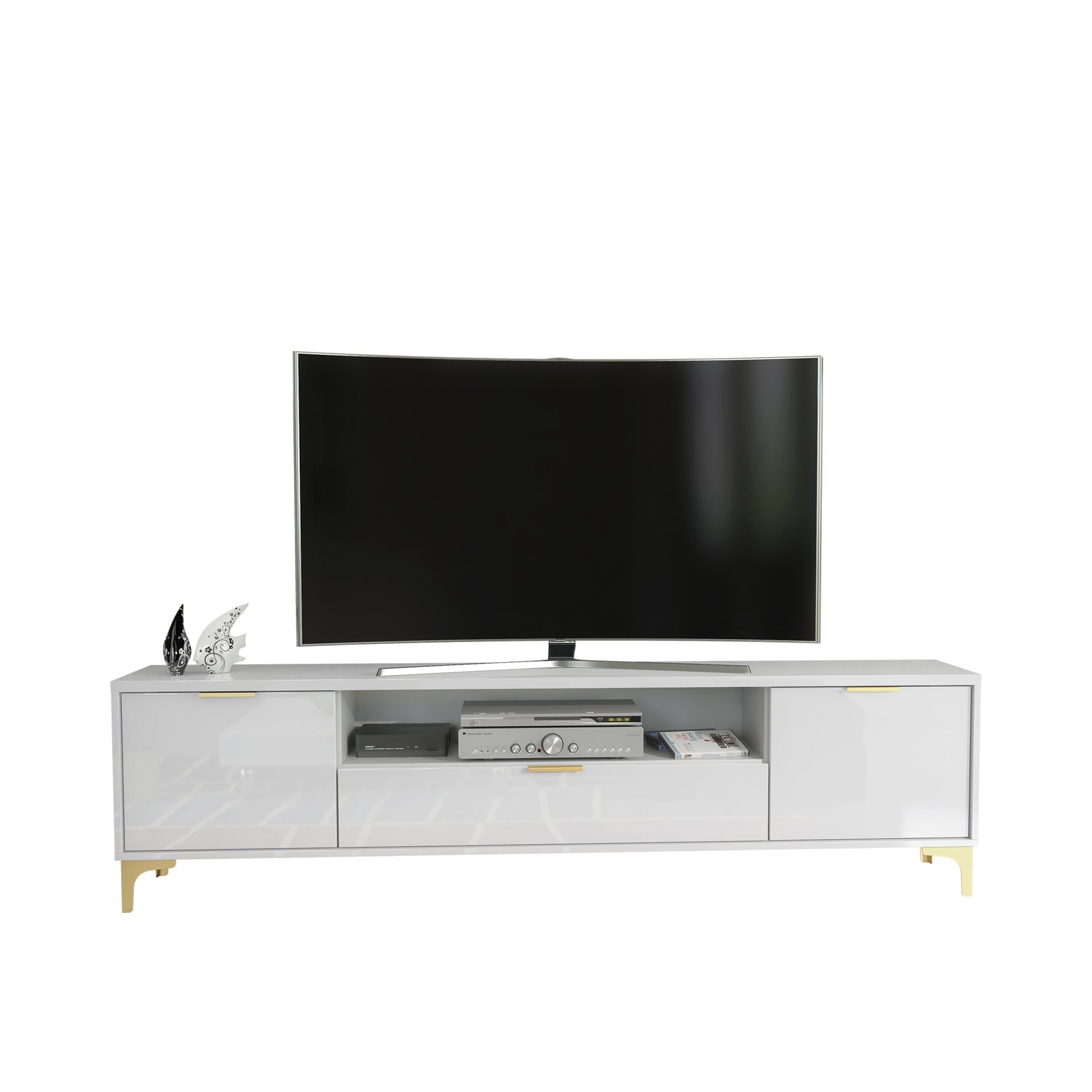 TV Stand – 200cm – High Gloss Finish – Gold Legs – Storage Cabinet – LUMINO Collection
