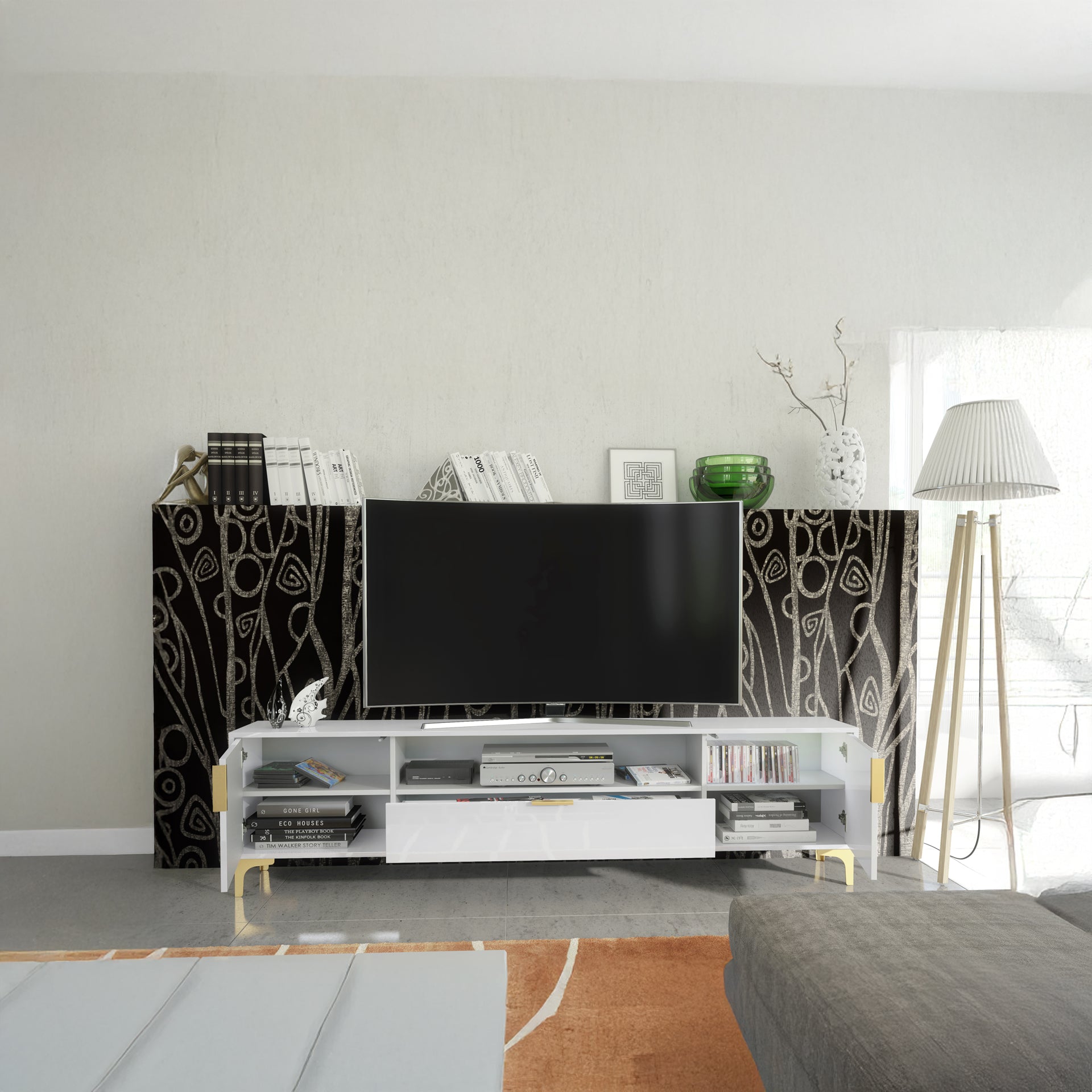 TV Stand – 200cm – High Gloss Finish – Gold Legs – Storage Cabinet – LUMINO Collection