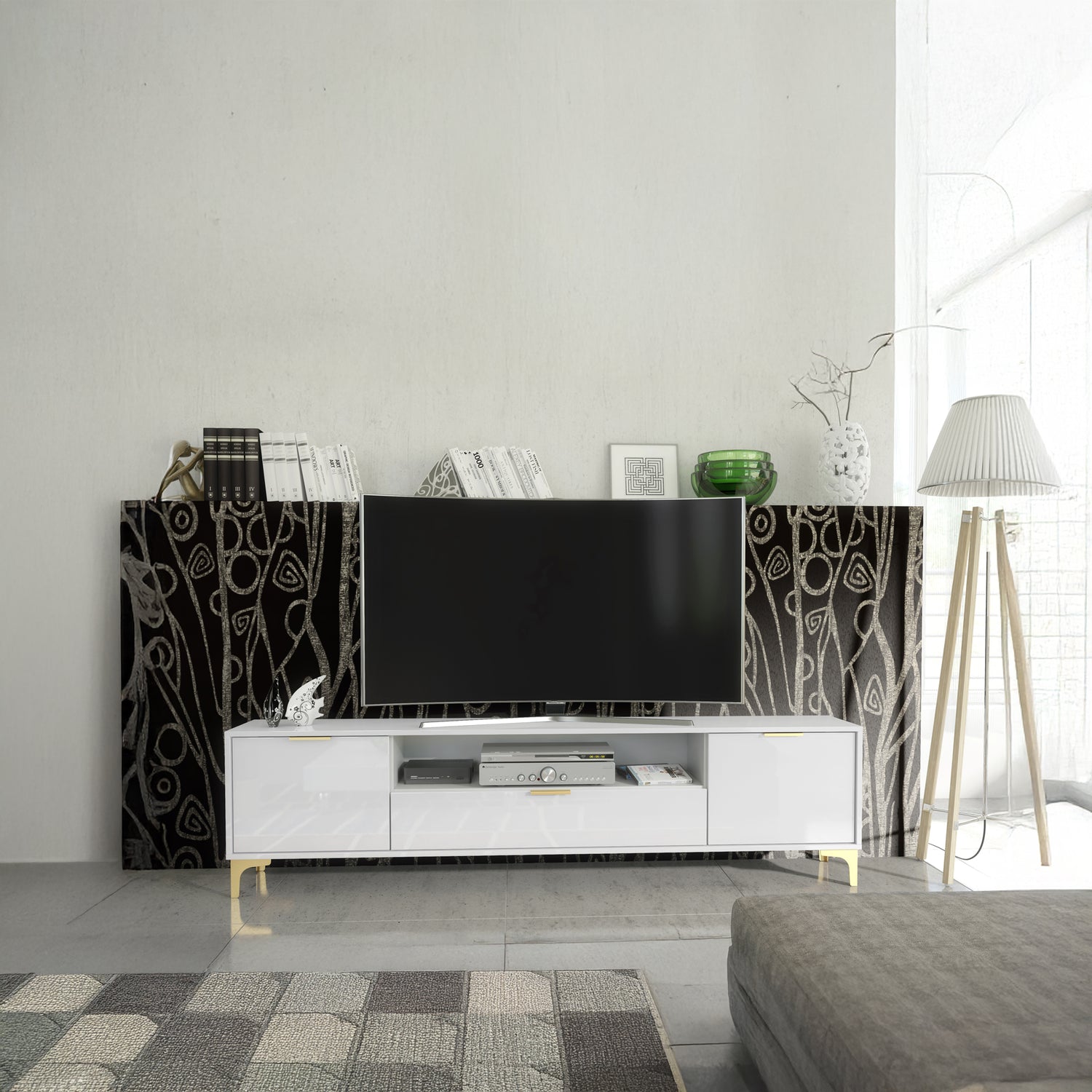 TV Stand – 200cm – High Gloss Finish – Gold Legs – Storage Cabinet – LUMINO Collection
