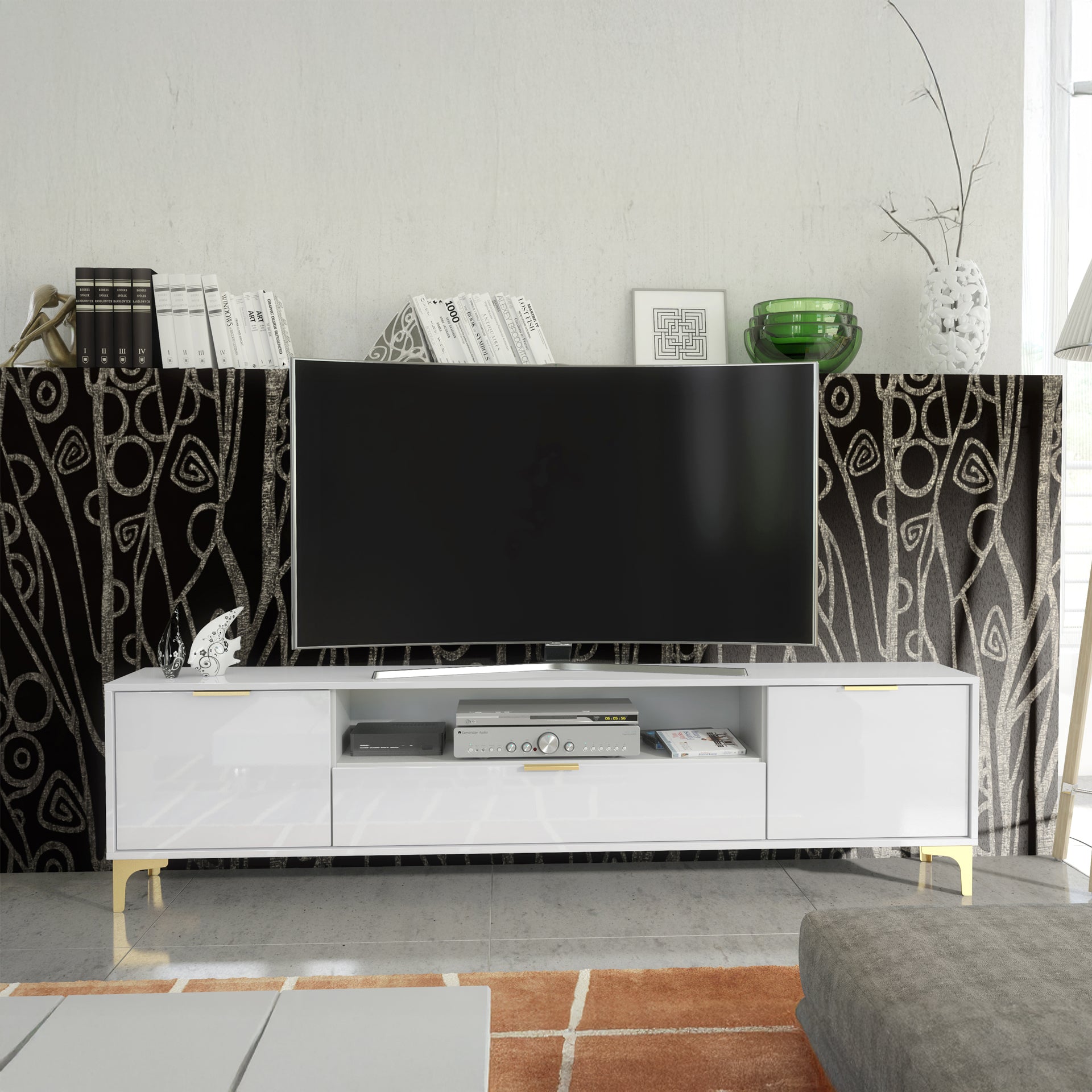 TV Stand – 200cm – High Gloss Finish – Gold Legs – Storage Cabinet – LUMINO Collection