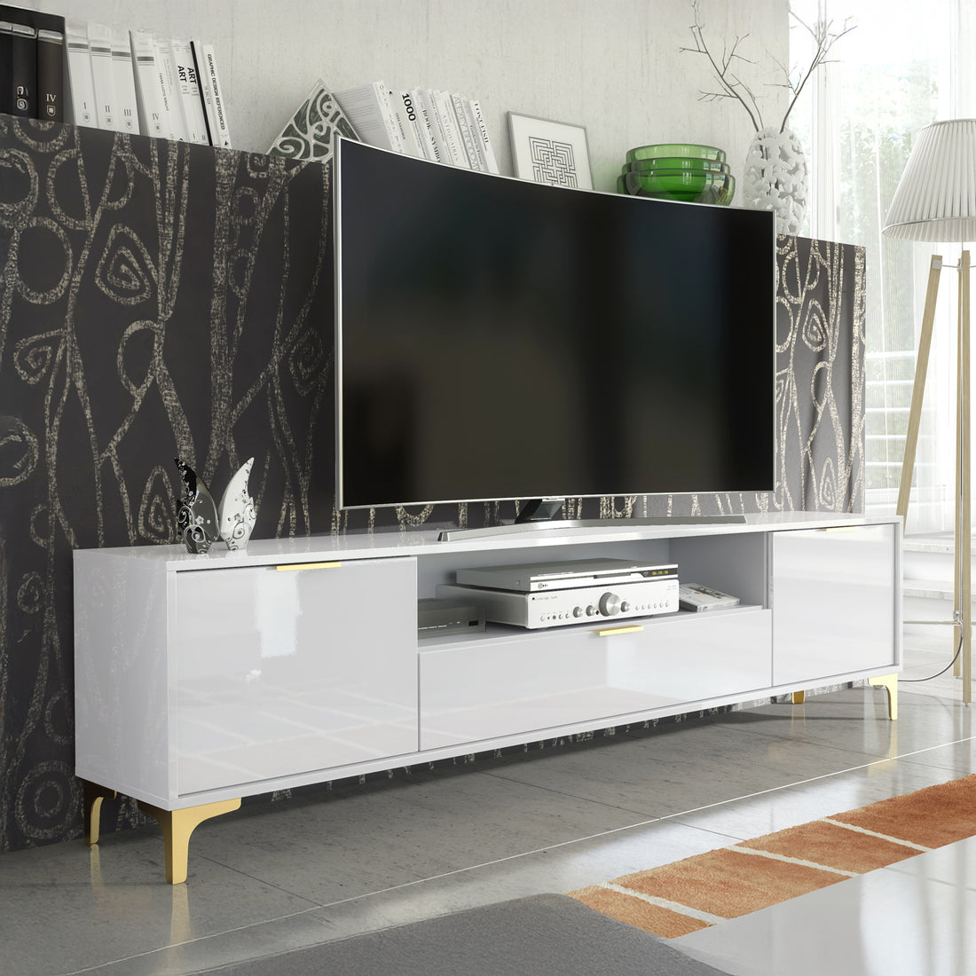 TV Stand – 200cm – High Gloss Finish – Gold Legs – Storage Cabinet – LUMINO Collection