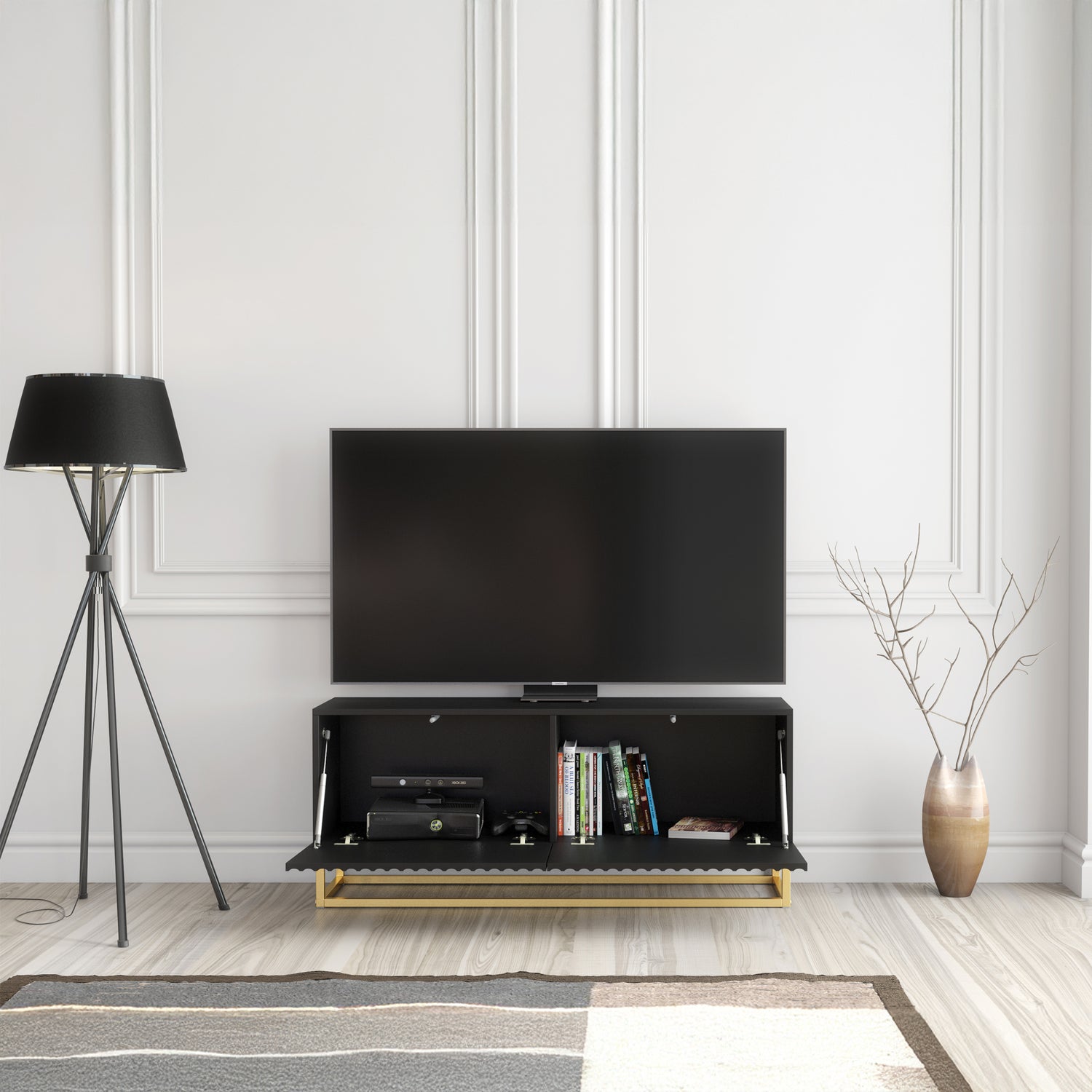 TV Stand – 100cm – Fluted Doors – Gold Base – Compact Media Cabinet – VESTA Collection