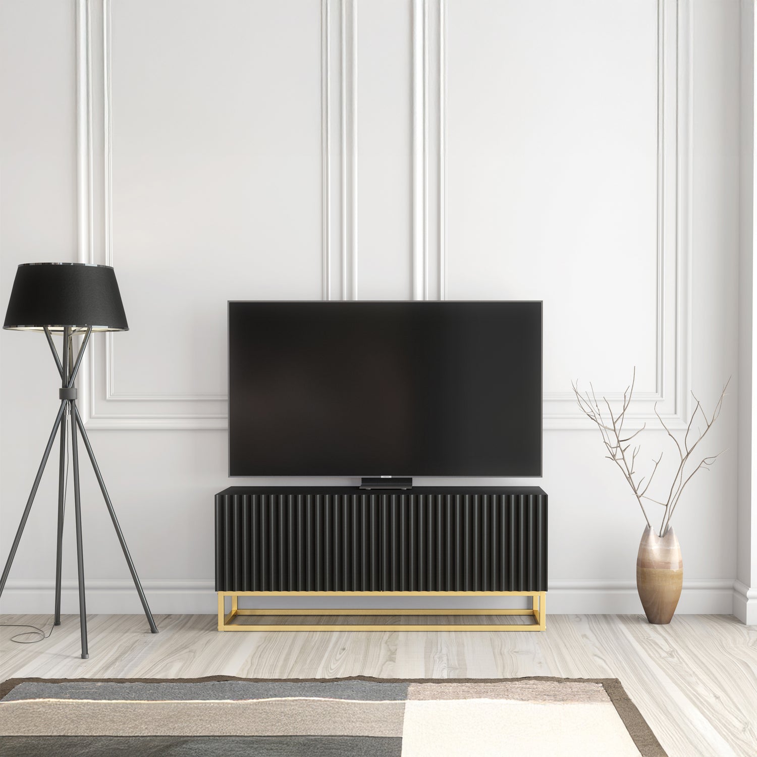 TV Stand – 100cm – Fluted Doors – Gold Base – Compact Media Cabinet – VESTA Collection