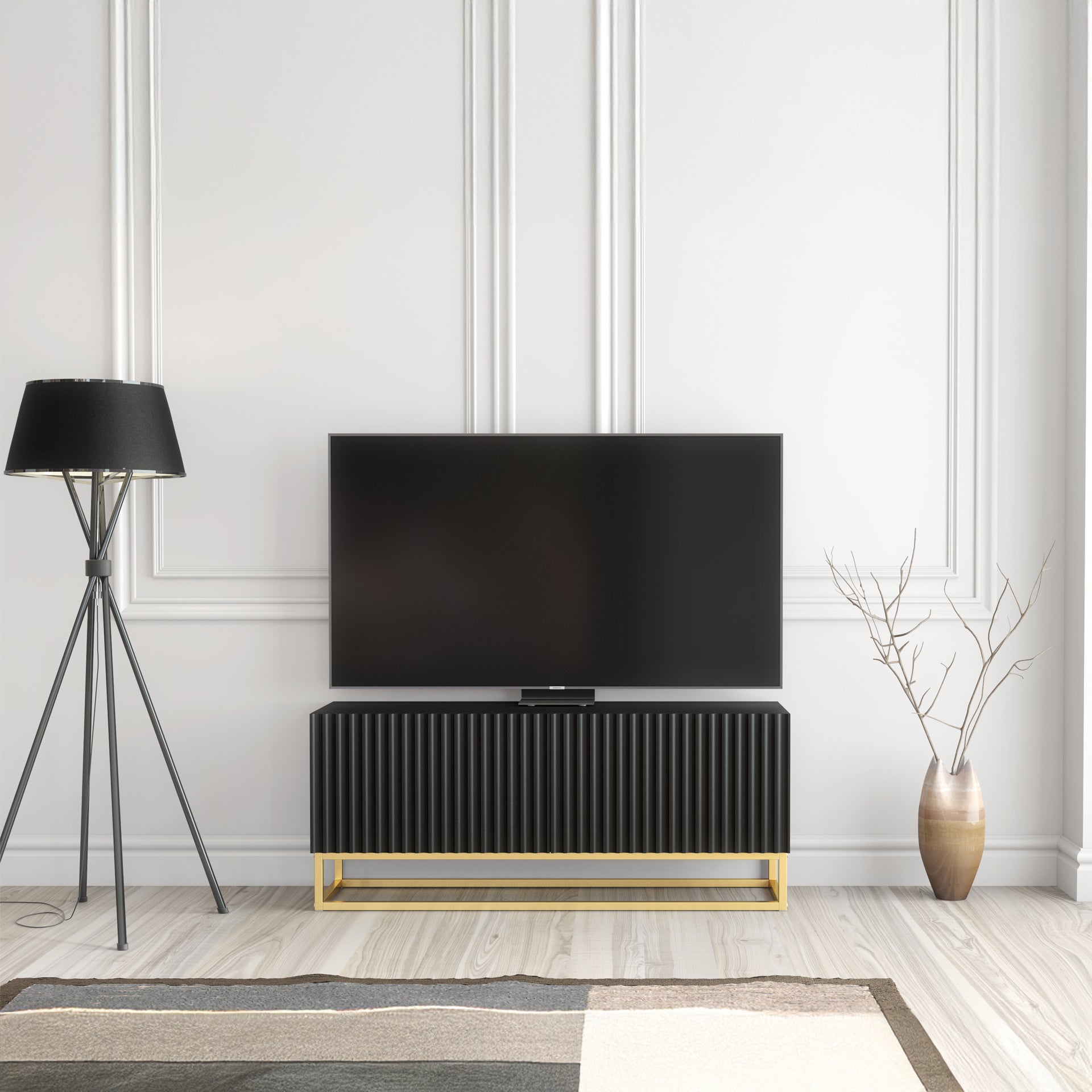 TV Stand – 100cm – Fluted Doors – Gold Base – Compact Media Cabinet – VESTA Collection