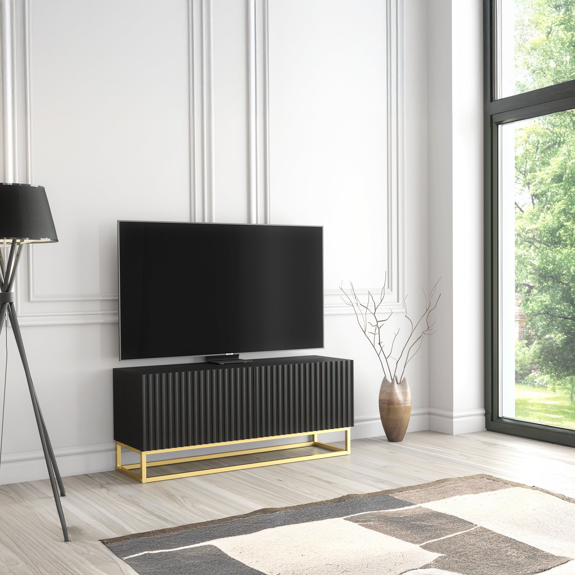 TV Stand – 100cm – Fluted Doors – Gold Base – Compact Media Cabinet – VESTA Collection