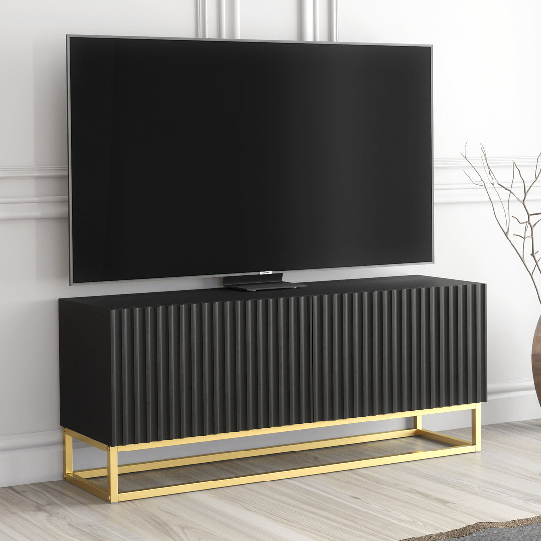 TV Stand – 100cm – Fluted Doors – Gold Base – Compact Media Cabinet – VESTA Collection