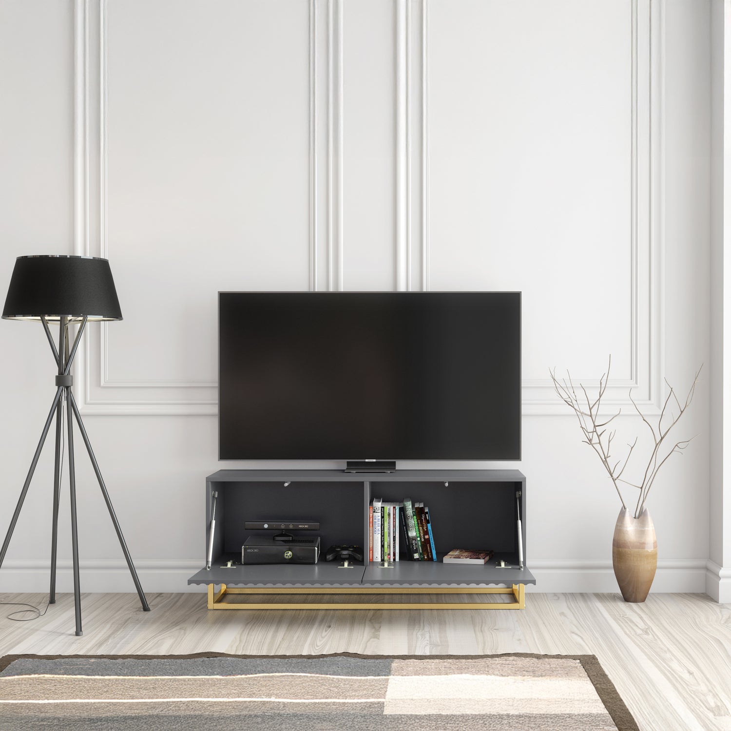 TV Stand – 100cm – Fluted Doors – Gold Base – Compact Media Cabinet – VESTA Collection