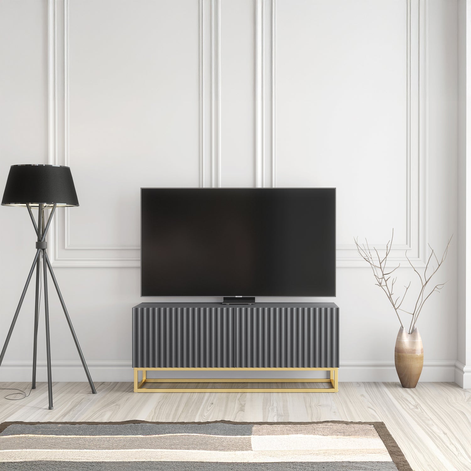 TV Stand – 100cm – Fluted Doors – Gold Base – Compact Media Cabinet – VESTA Collection