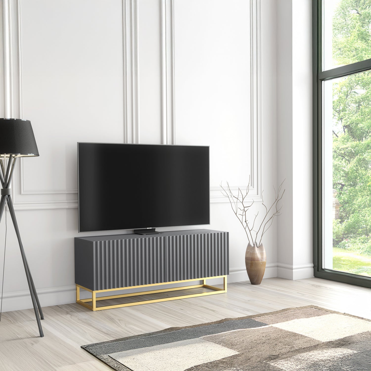TV Stand – 100cm – Fluted Doors – Gold Base – Compact Media Cabinet – VESTA Collection
