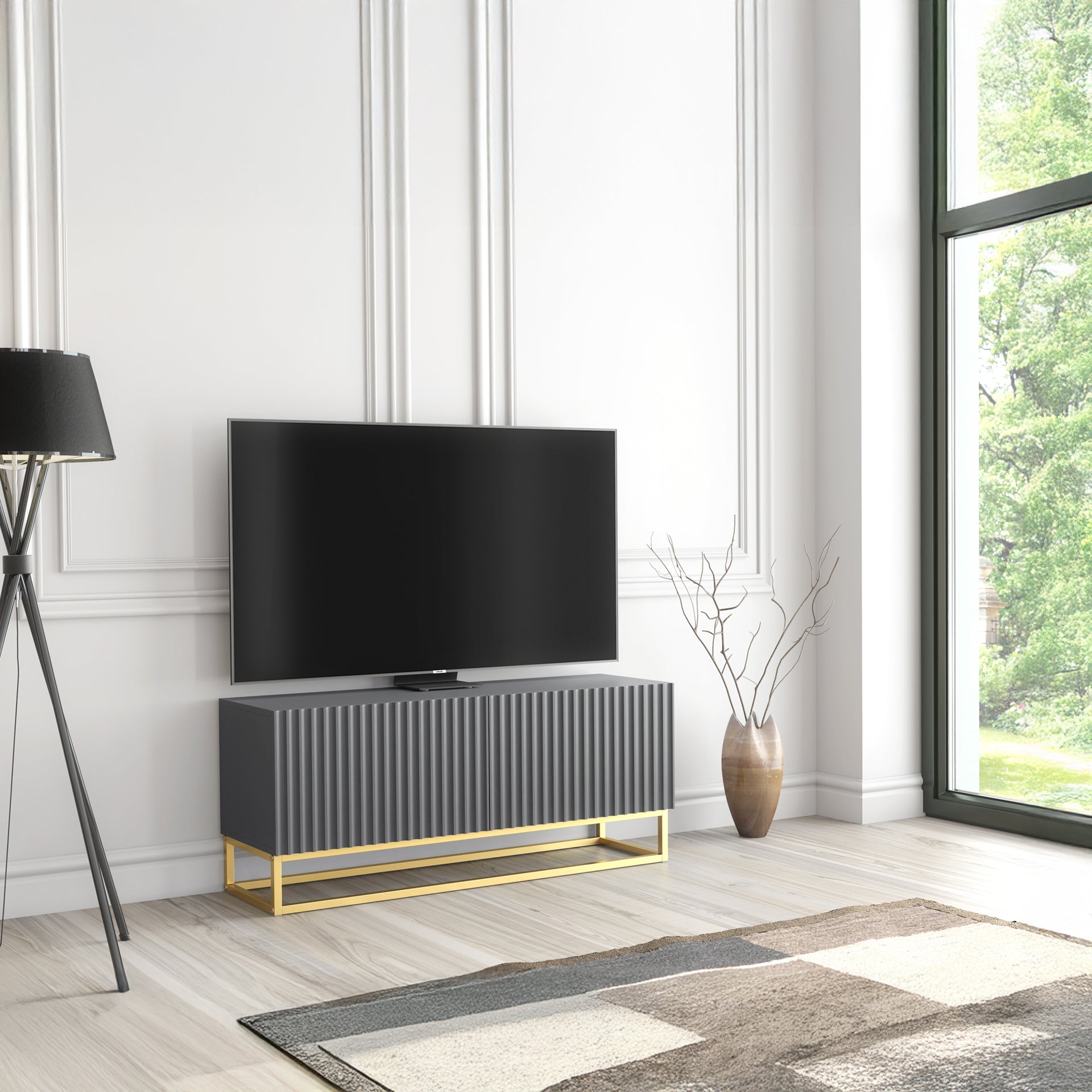 TV Stand – 100cm – Fluted Doors – Gold Base – Compact Media Cabinet – VESTA Collection