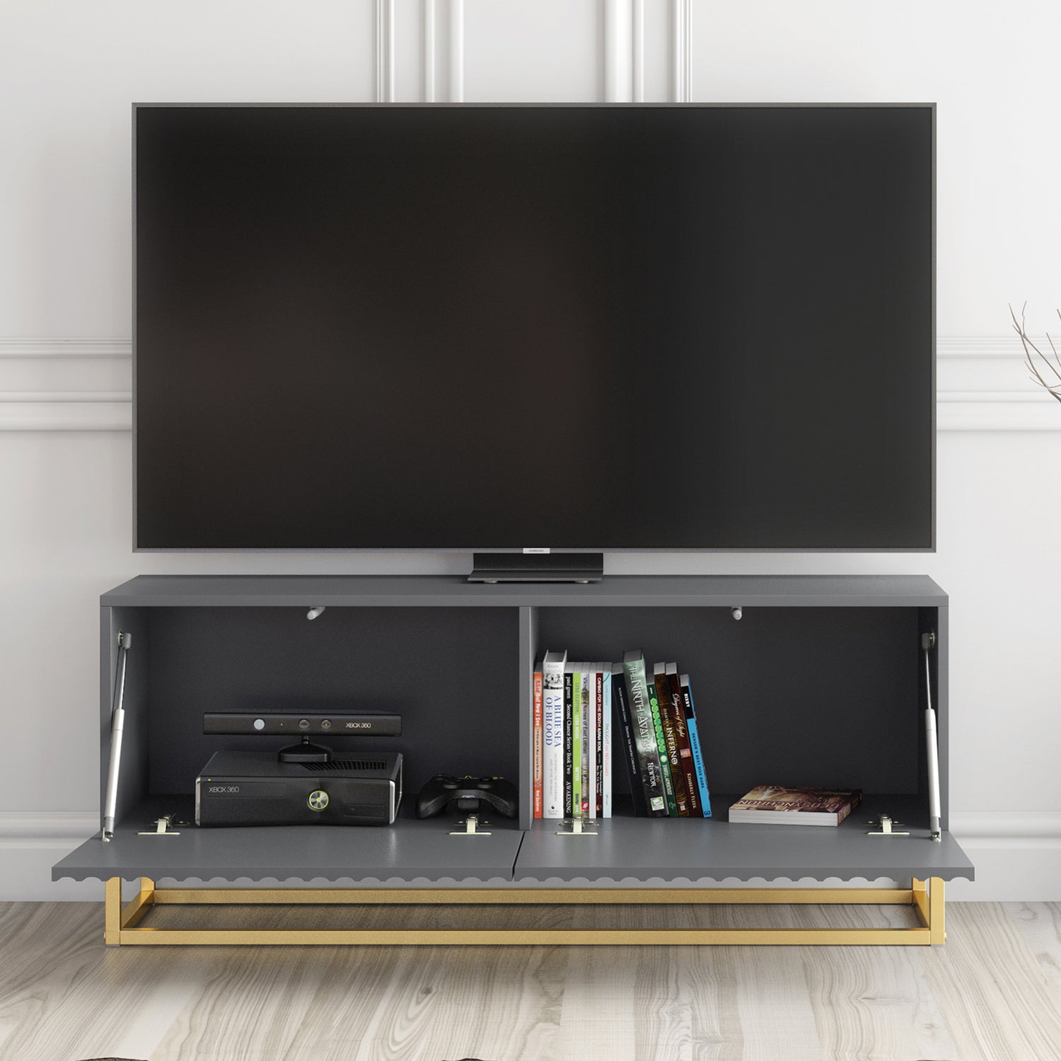 TV Stand – 100cm – Fluted Doors – Gold Base – Compact Media Cabinet – VESTA Collection
