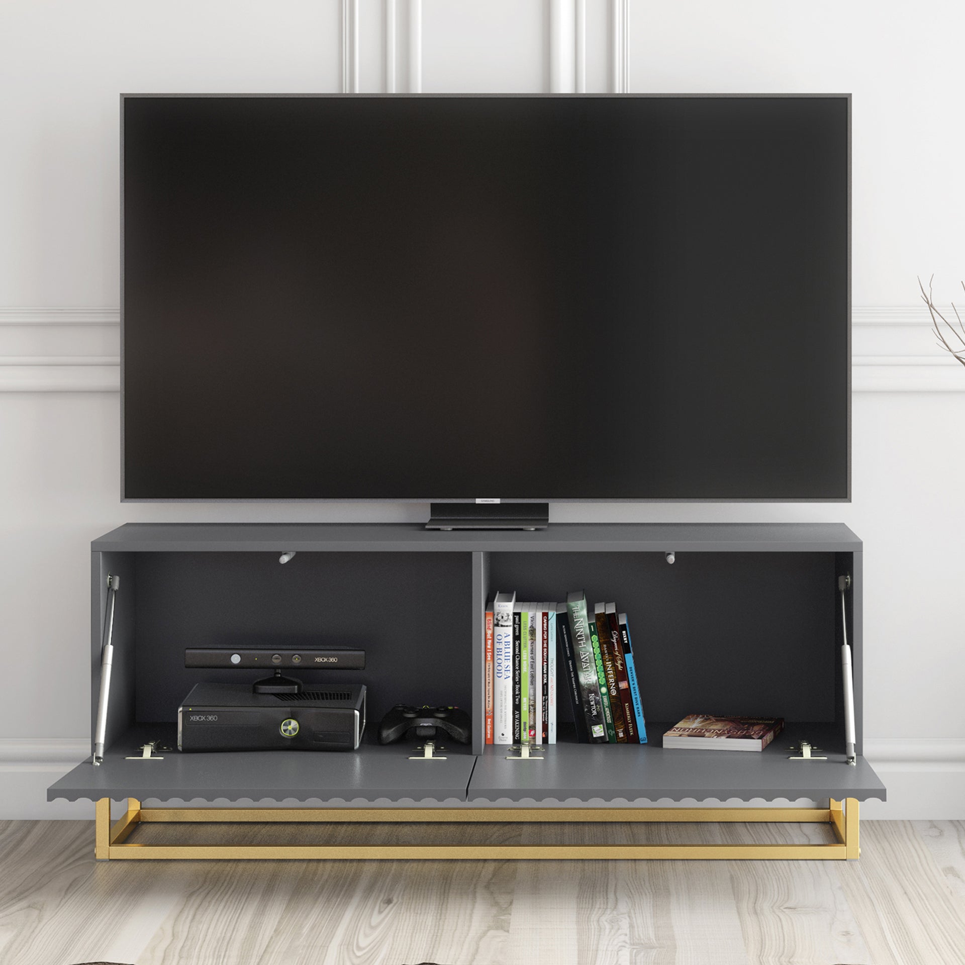 TV Stand – 100cm – Fluted Doors – Gold Base – Compact Media Cabinet – VESTA Collection