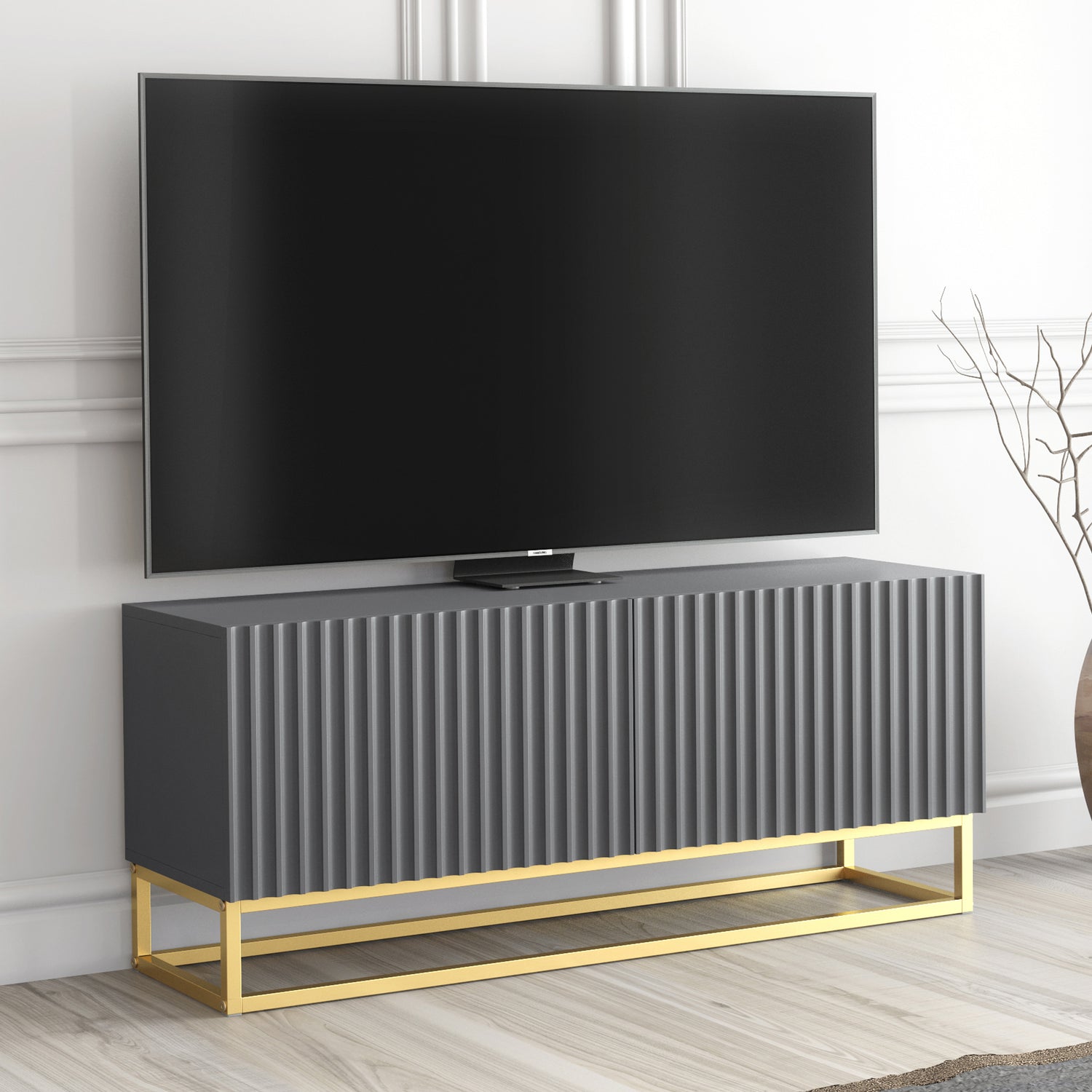 TV Stand – 100cm – Fluted Doors – Gold Base – Compact Media Cabinet – VESTA Collection