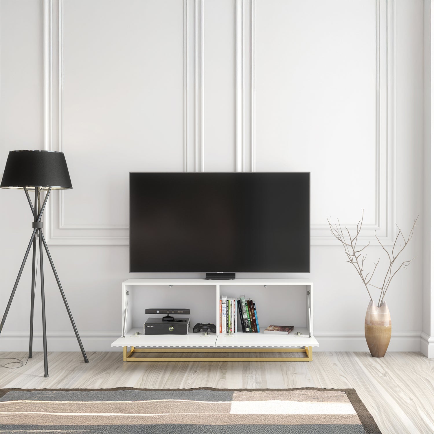 TV Stand – 100cm – Fluted Doors – Gold Base – Compact Media Cabinet – VESTA Collection