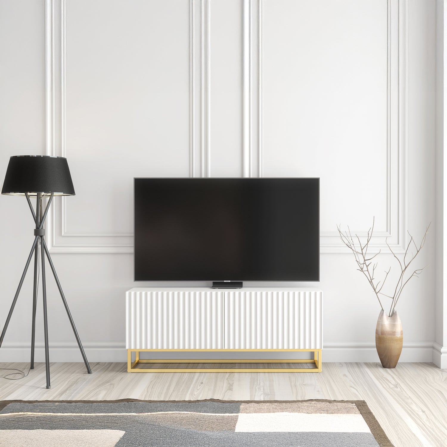 TV Stand – 100cm – Fluted Doors – Gold Base – Compact Media Cabinet – VESTA Collection