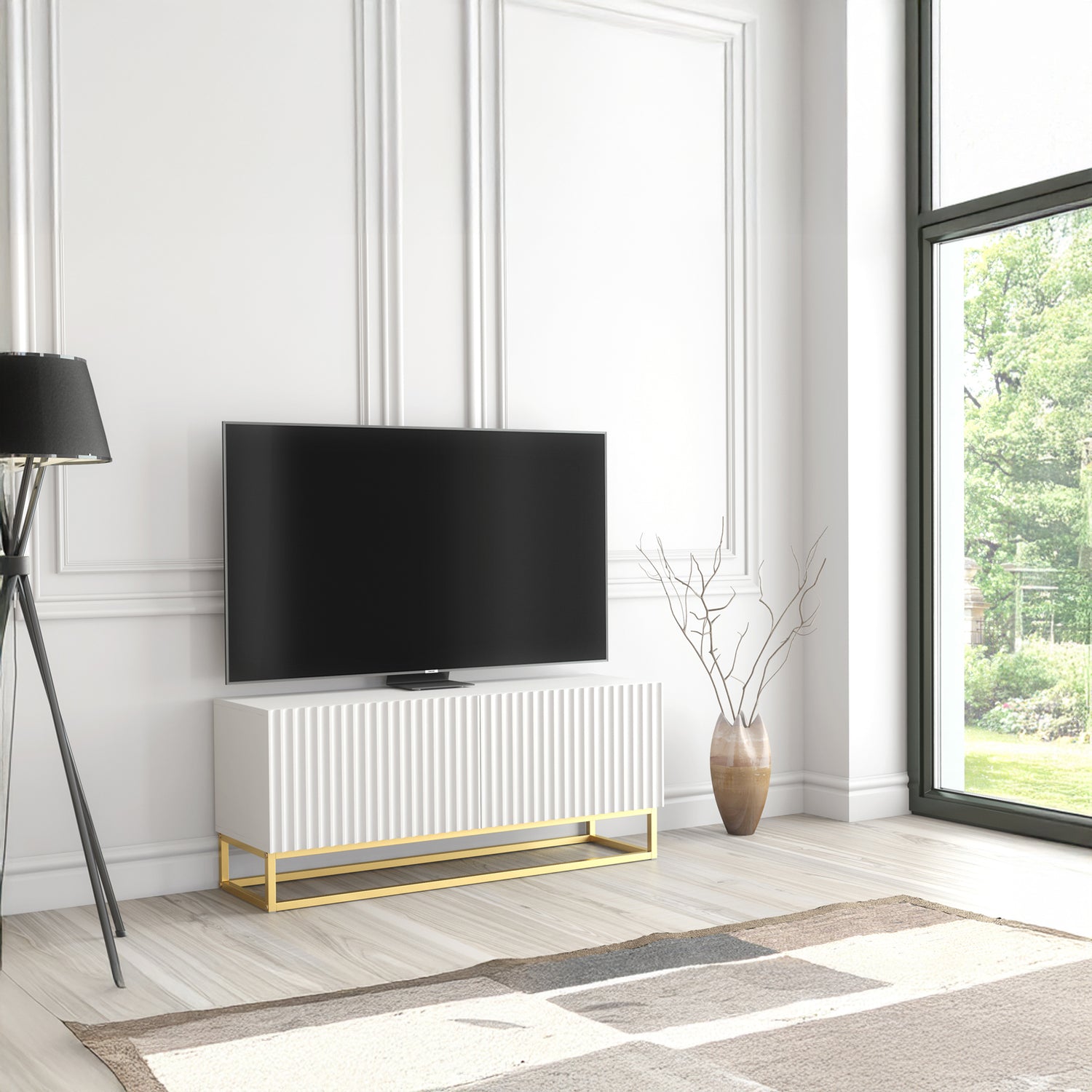 TV Stand – 100cm – Fluted Doors – Gold Base – Compact Media Cabinet – VESTA Collection