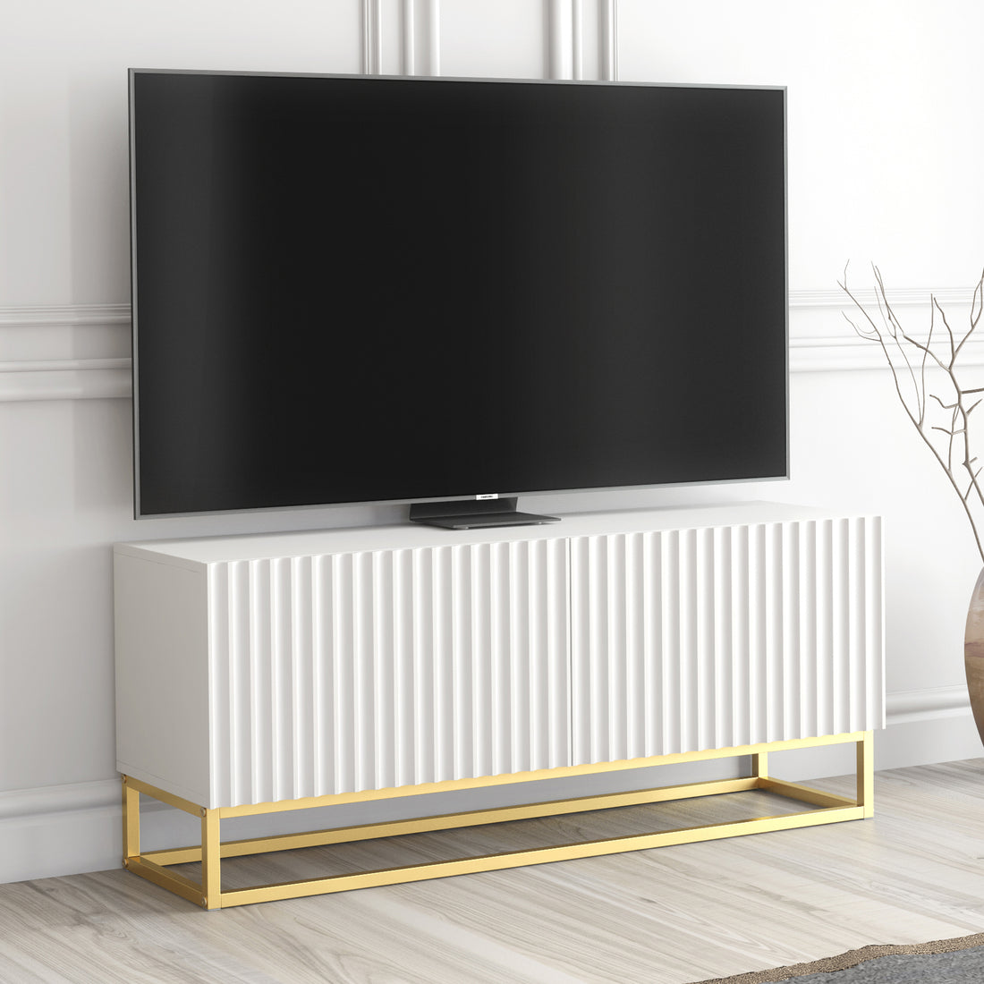 TV Stand – 100cm – Fluted Doors – Gold Base – Compact Media Cabinet – VESTA Collection