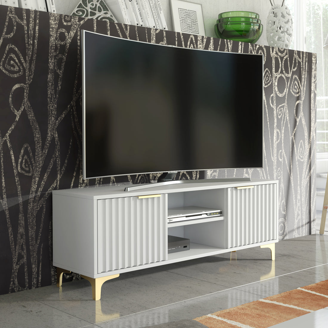 TV Stand – 120cm – Grooved Doors – Gold Legs – Modern Storage Unit – LIVARO Collection