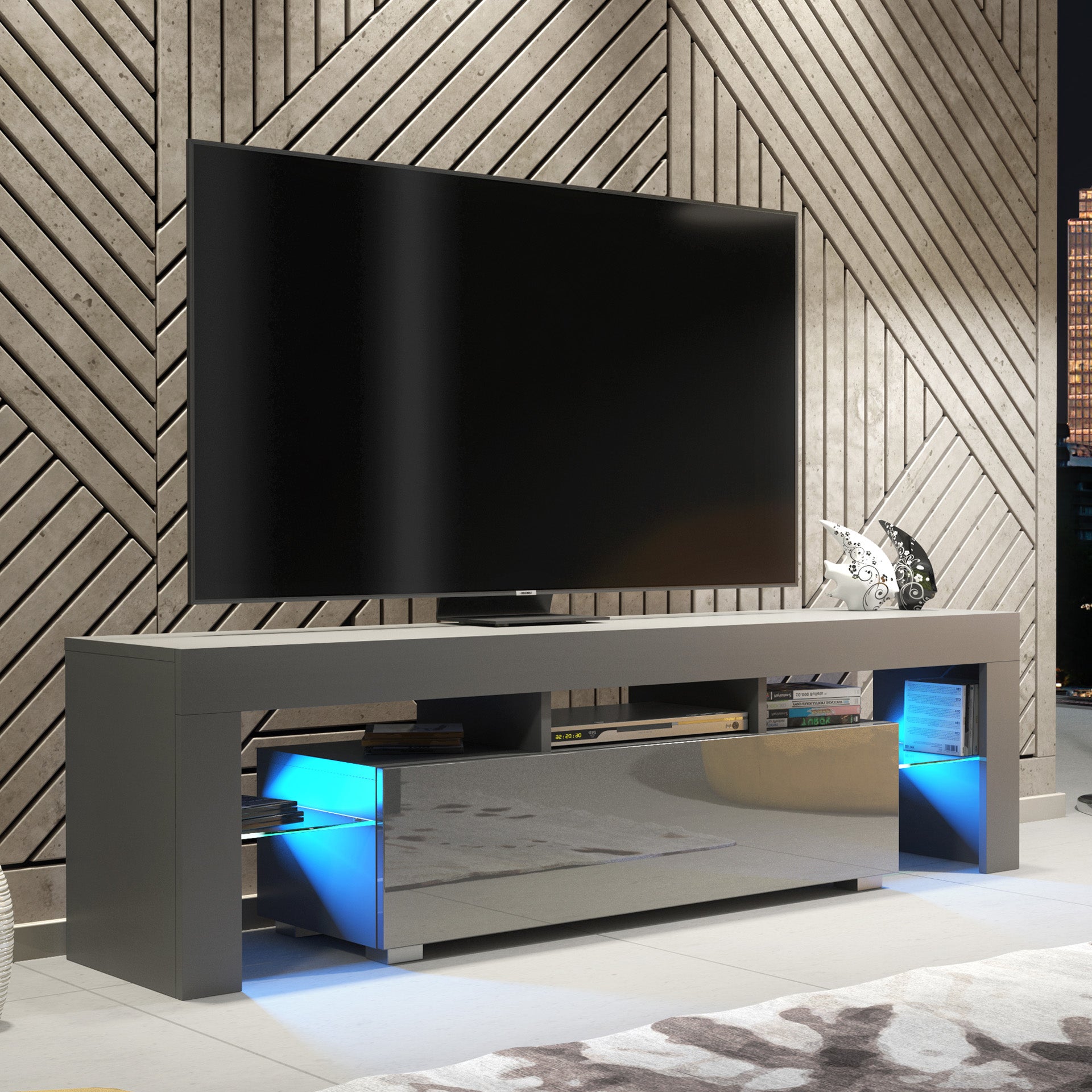 TV Stand – 160cm – High Gloss Doors – LED or Non-LED – Modern Media Unit – LUNARO