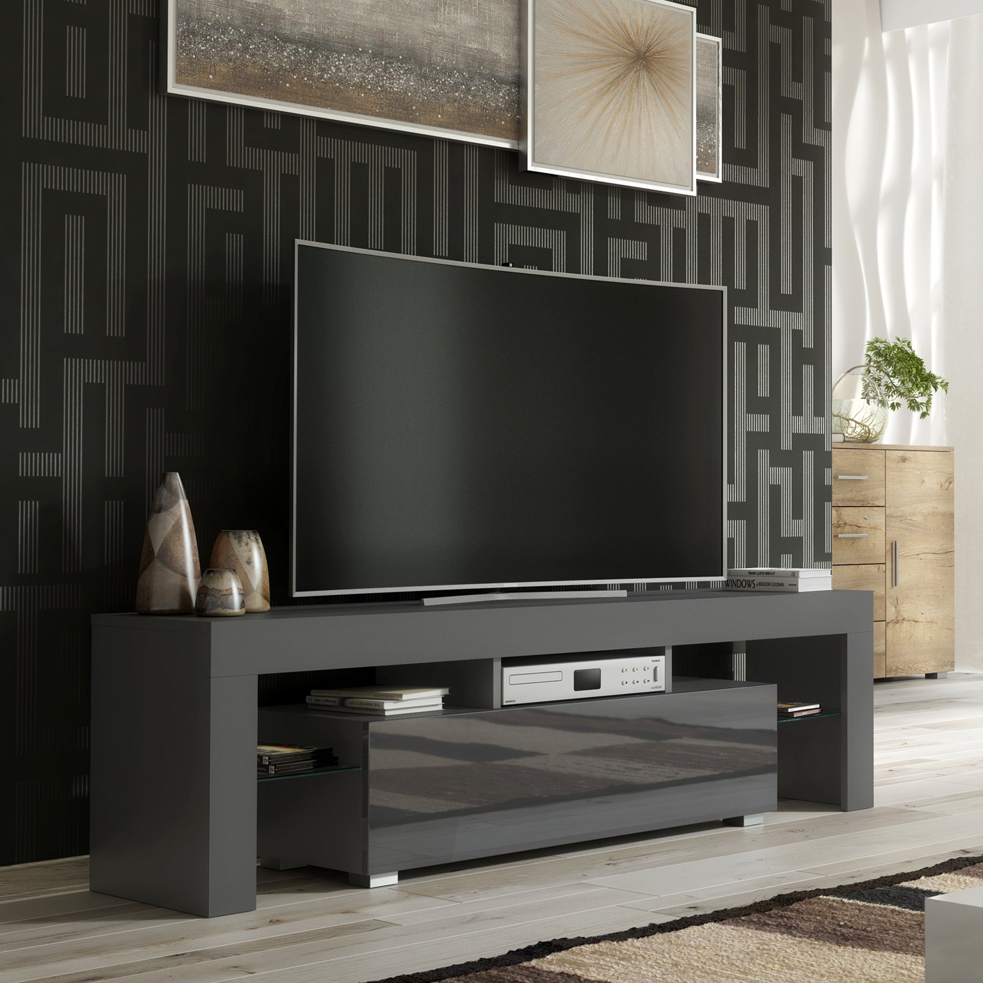 TV Stand – 160cm – High Gloss Doors – LED or Non-LED – Modern Media Unit – LUNARO