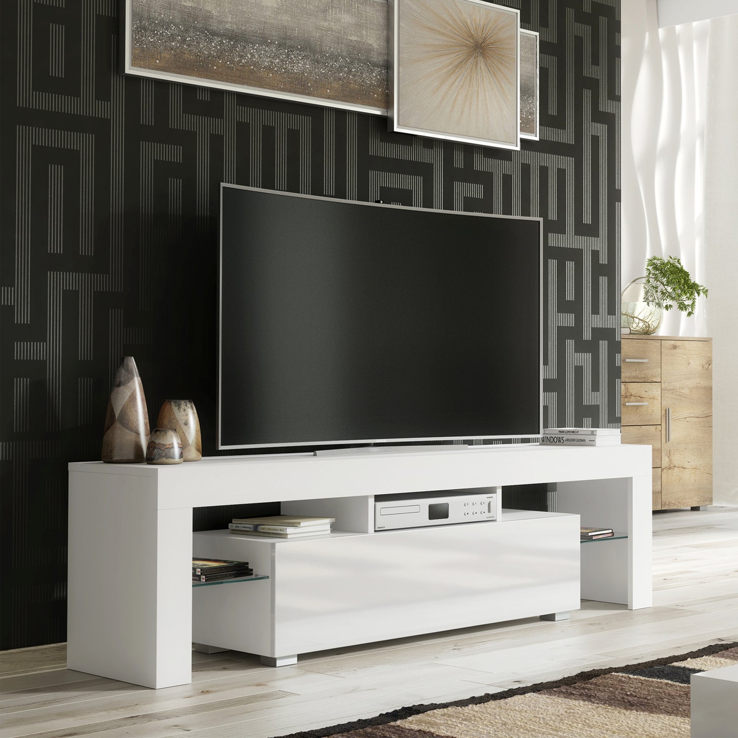 TV Stand – 160cm – High Gloss Doors – LED or Non-LED – Modern Media Unit – LUNARO