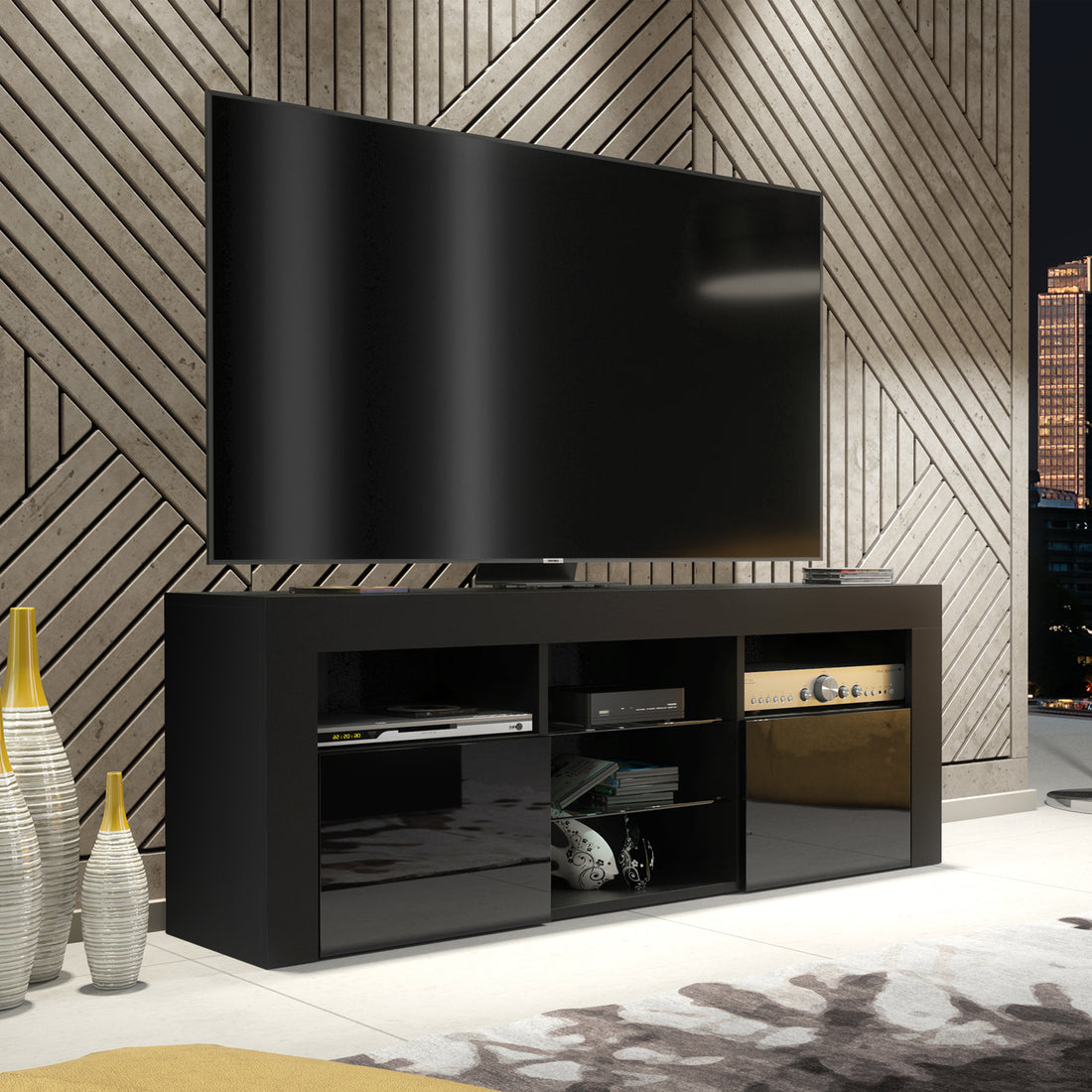 TV Stand – 145cm – Gloss Front – LED Optional – Modern Media Cabinet – LUNARO