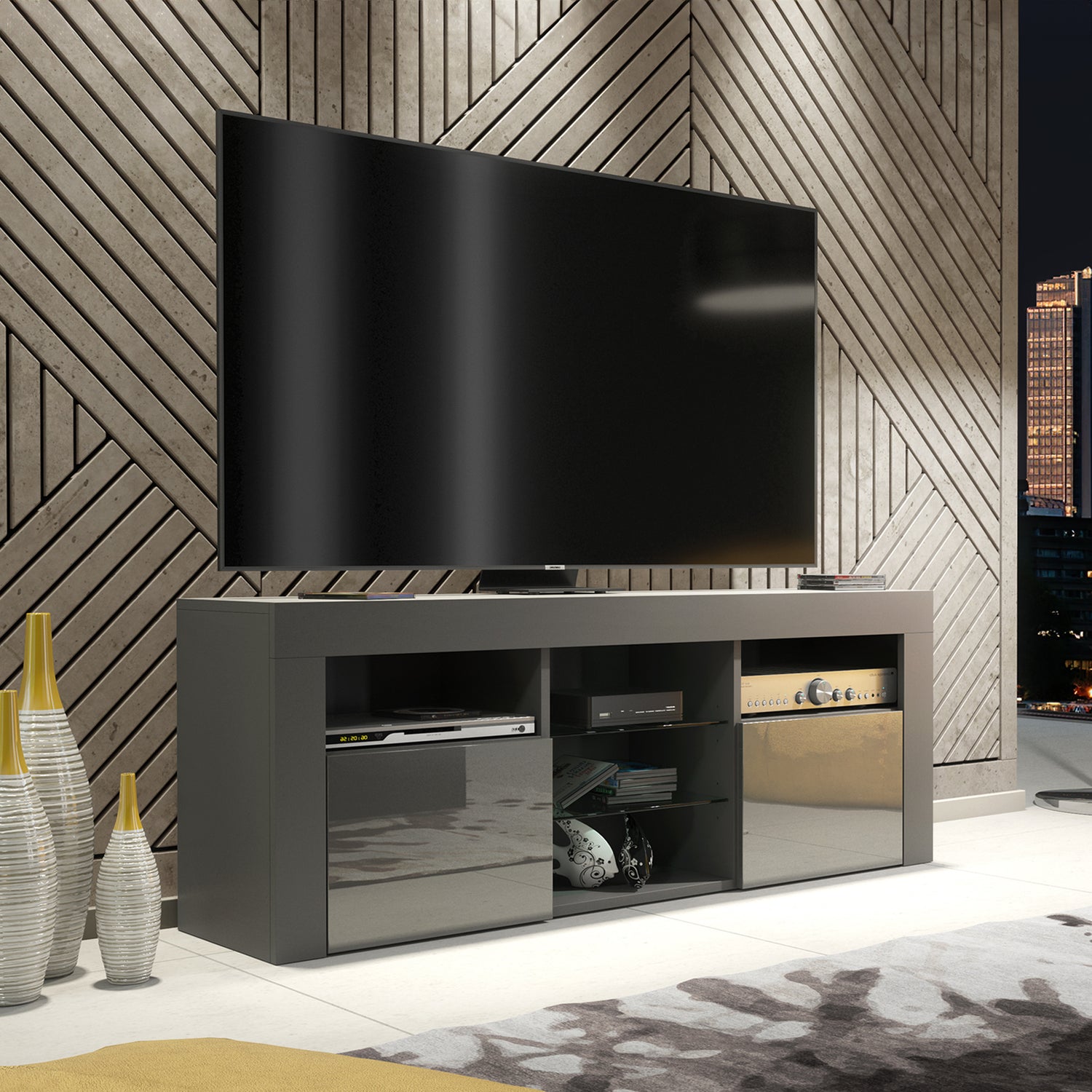 TV Stand – 145cm – Gloss Front – LED Optional – Modern Media Cabinet – LUNARO
