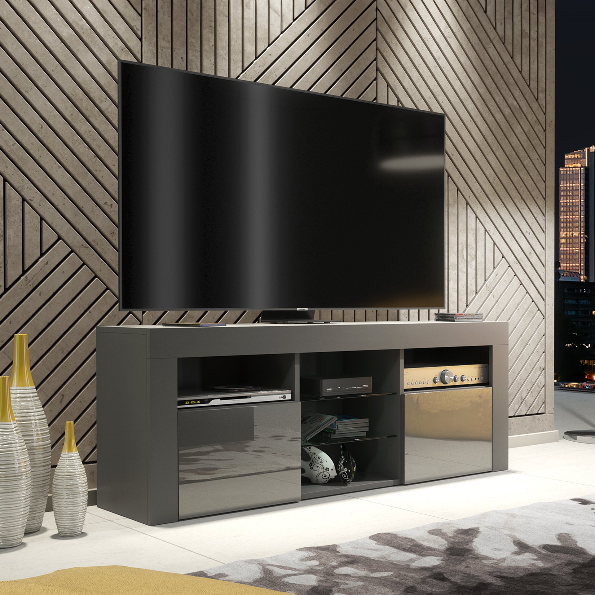 TV Stand – 145cm – Gloss Front – LED Optional – Modern Media Cabinet – LUNARO