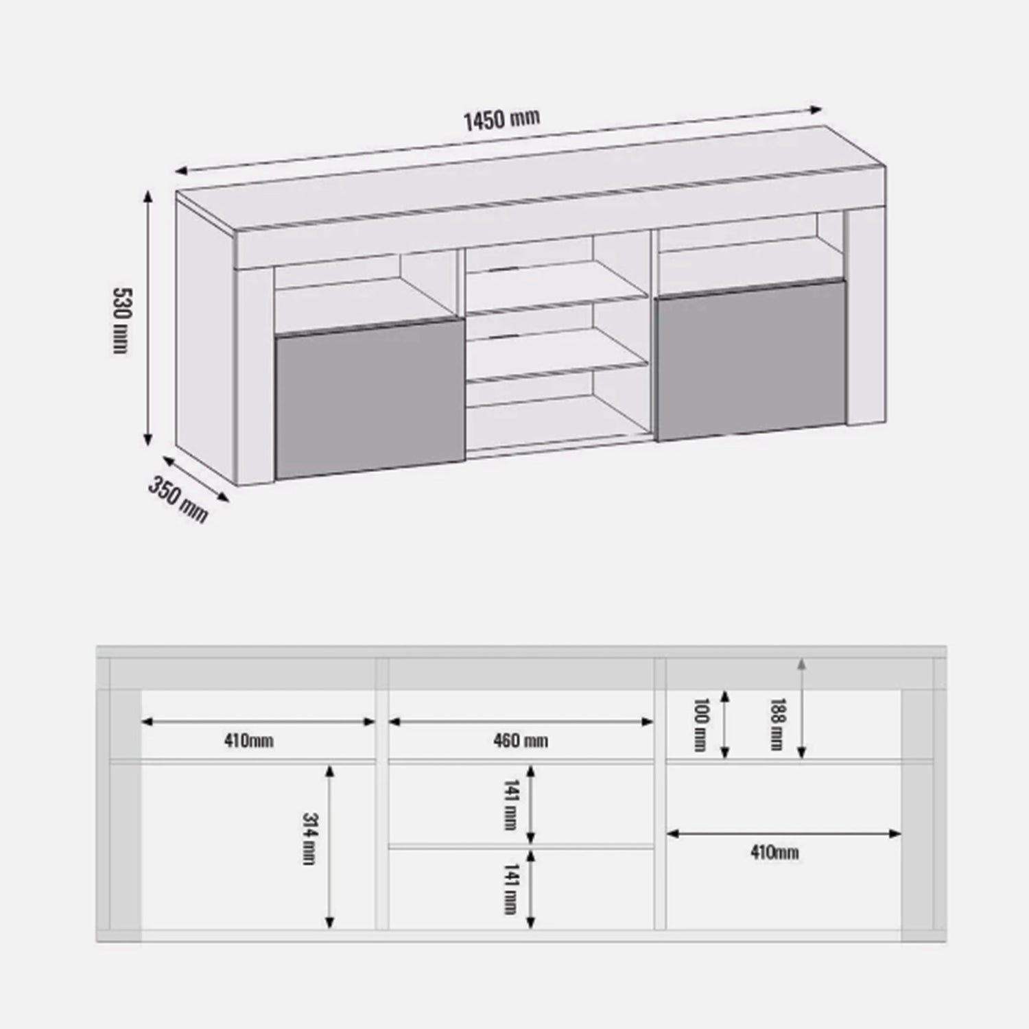 TV Stand – 145cm – Gloss Front – LED Optional – Modern Media Cabinet – LUNARO
