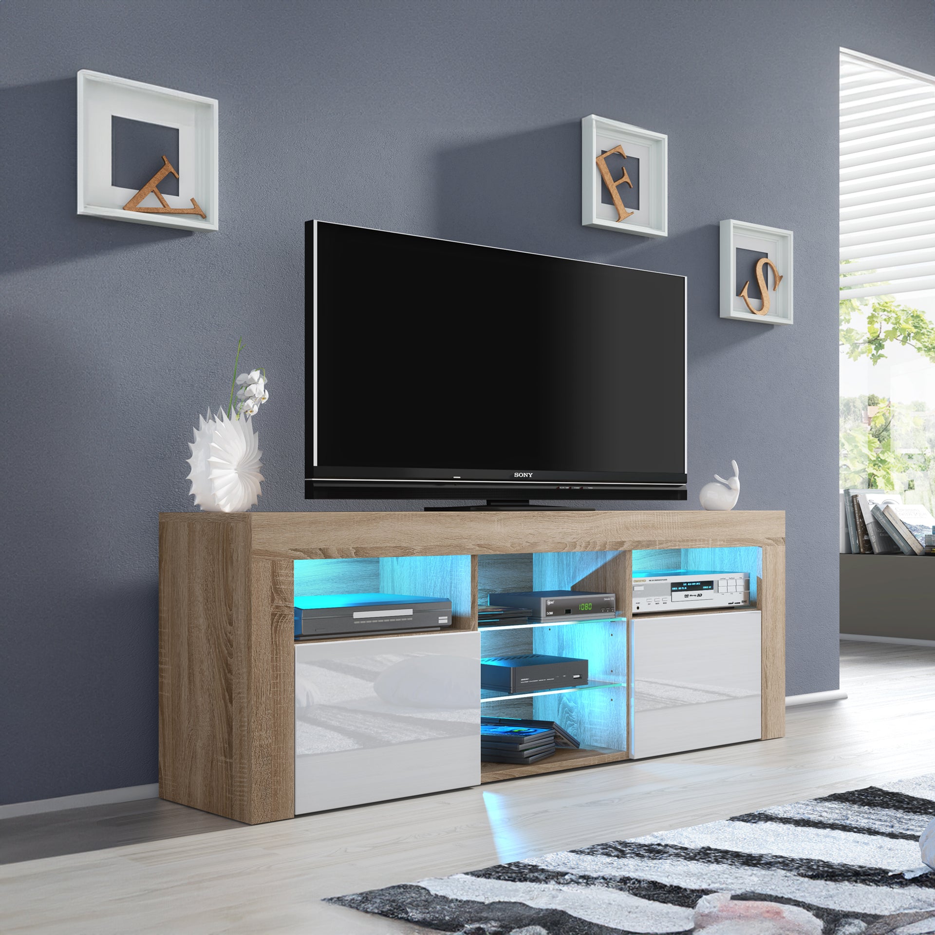 TV Stand – 145cm – Gloss Front – LED Optional – Modern Media Cabinet – LUNARO