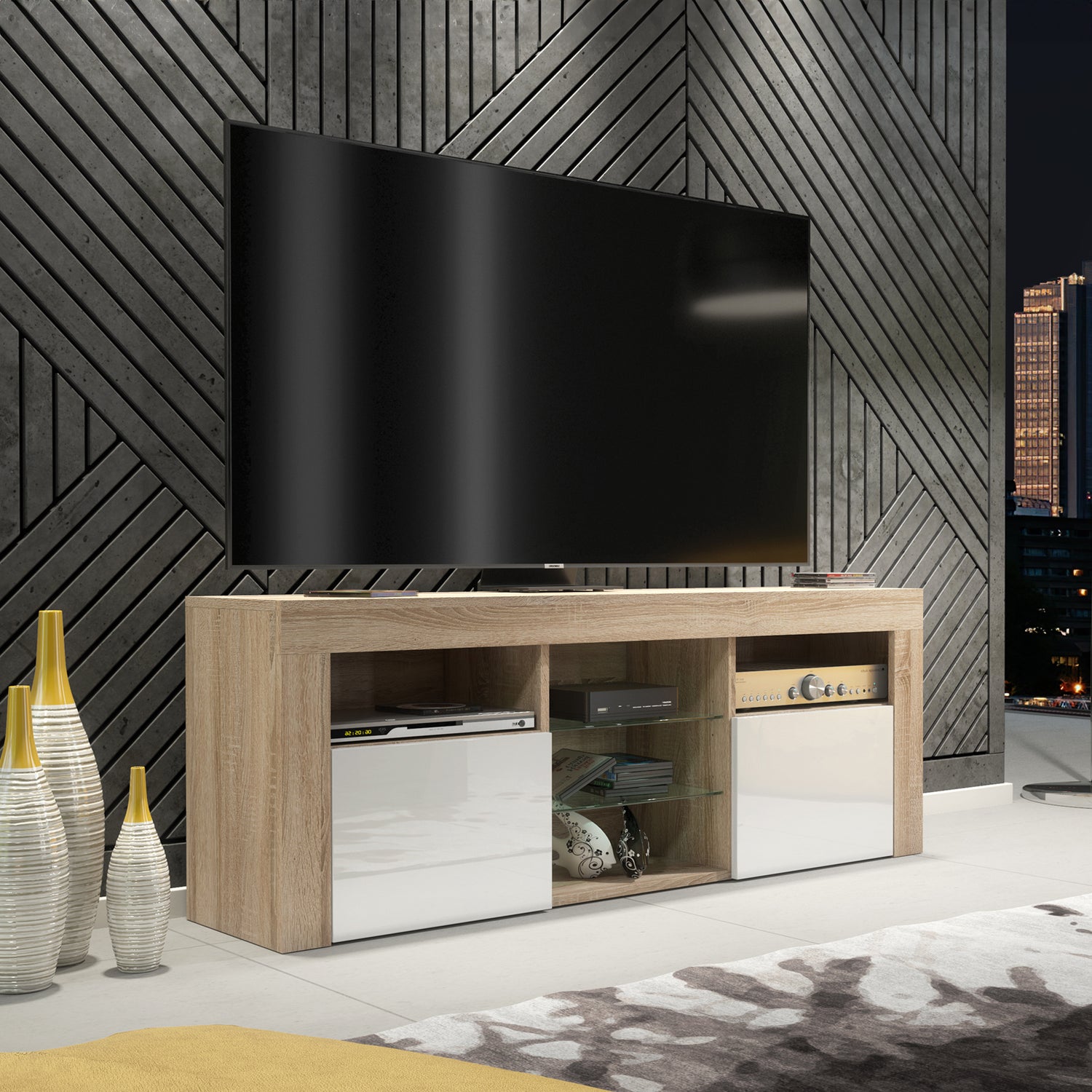 TV Stand – 145cm – Gloss Front – LED Optional – Modern Media Cabinet – LUNARO
