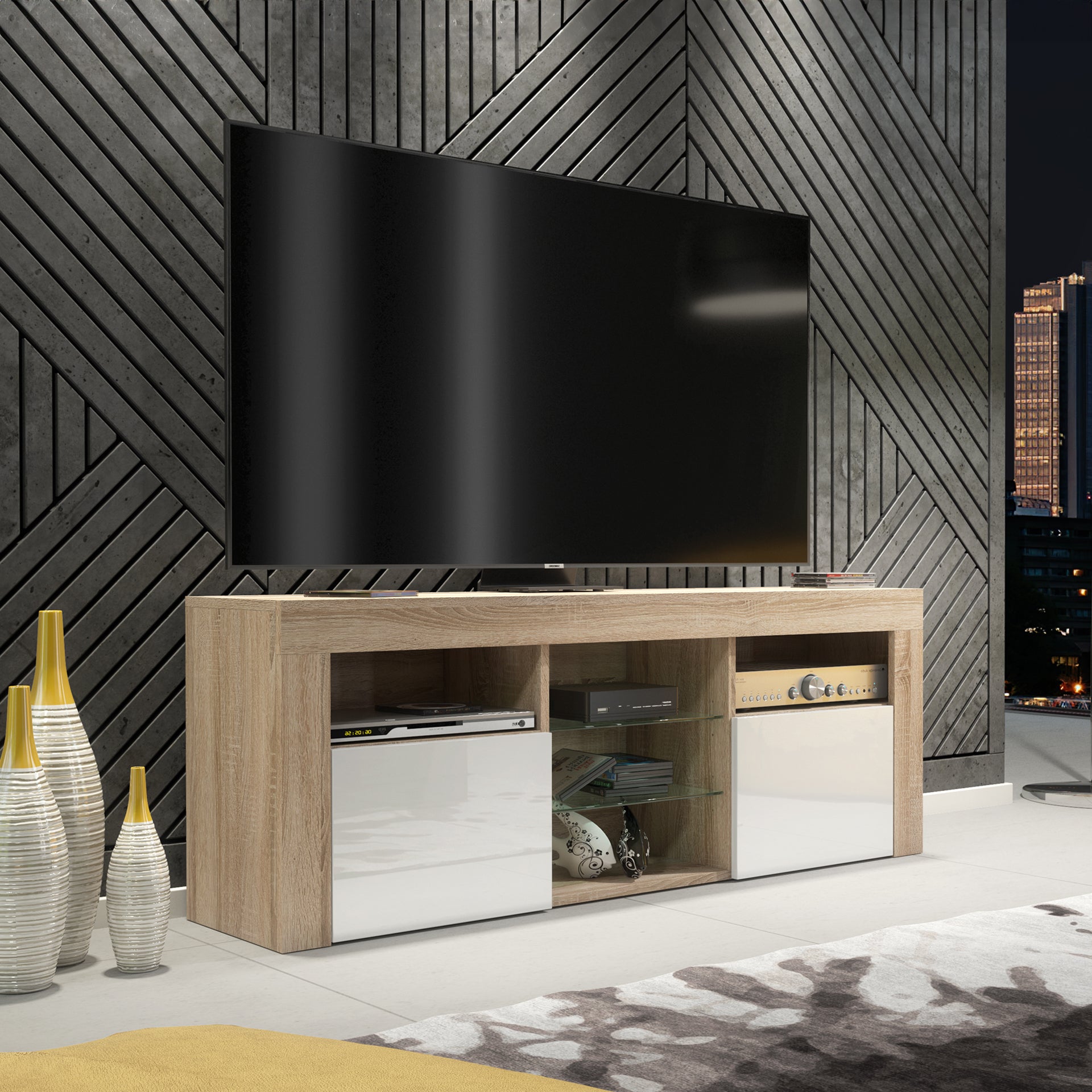 TV Stand – 145cm – Gloss Front – LED Optional – Modern Media Cabinet – LUNARO