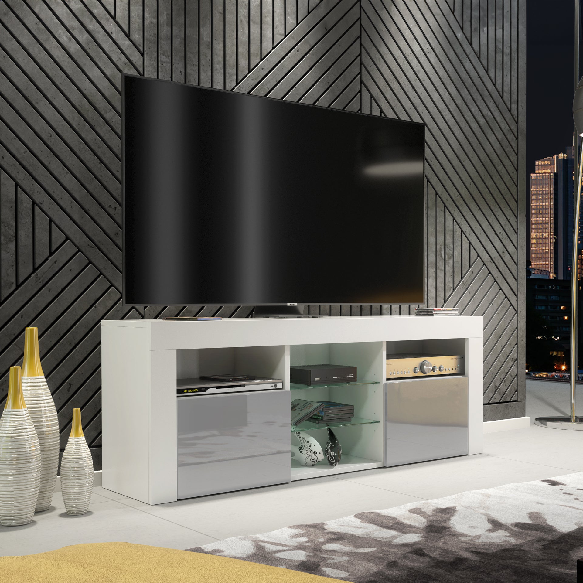 TV Stand – 145cm – Gloss Front – LED Optional – Modern Media Cabinet – LUNARO