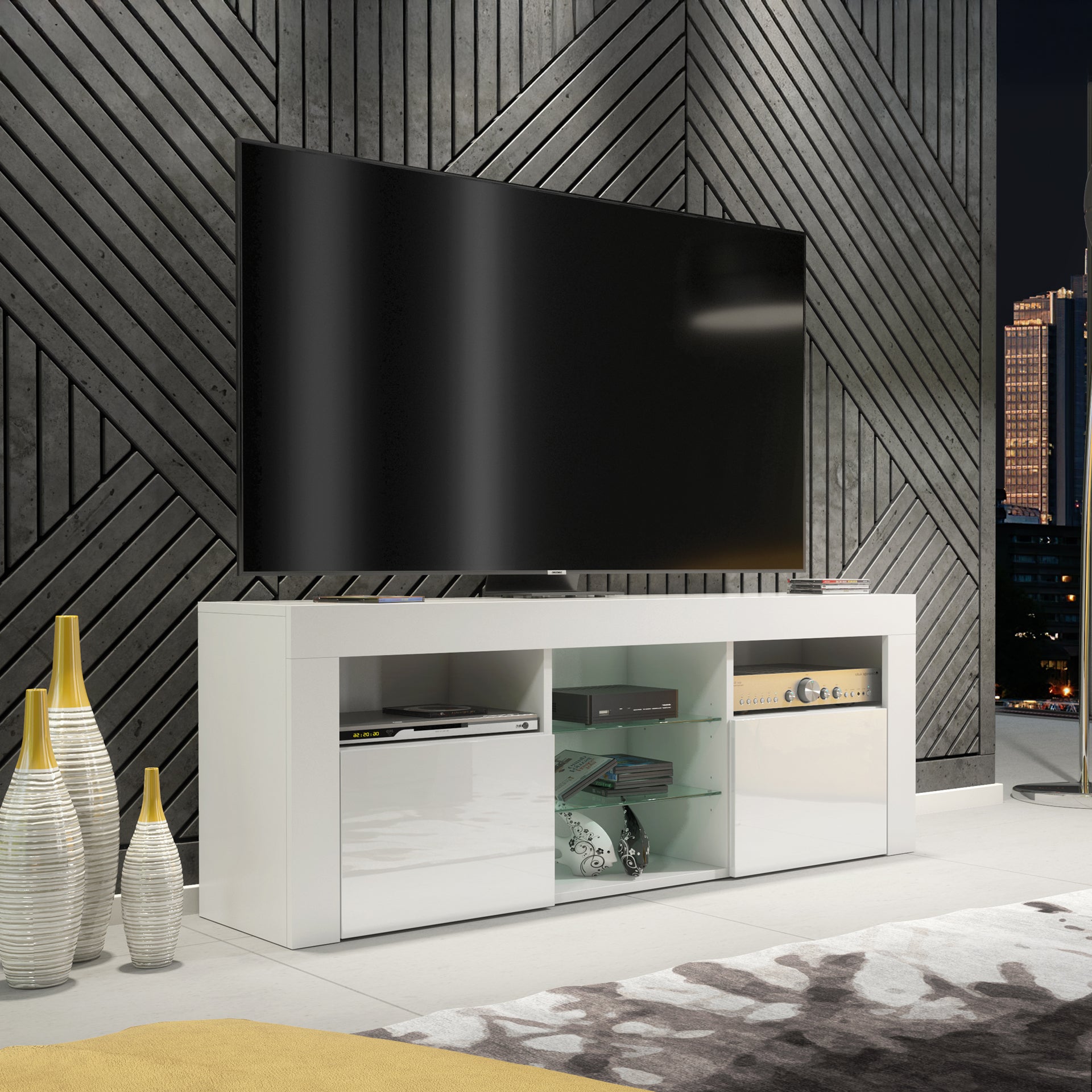 TV Stand – 145cm – Gloss Front – LED Optional – Modern Media Cabinet – LUNARO