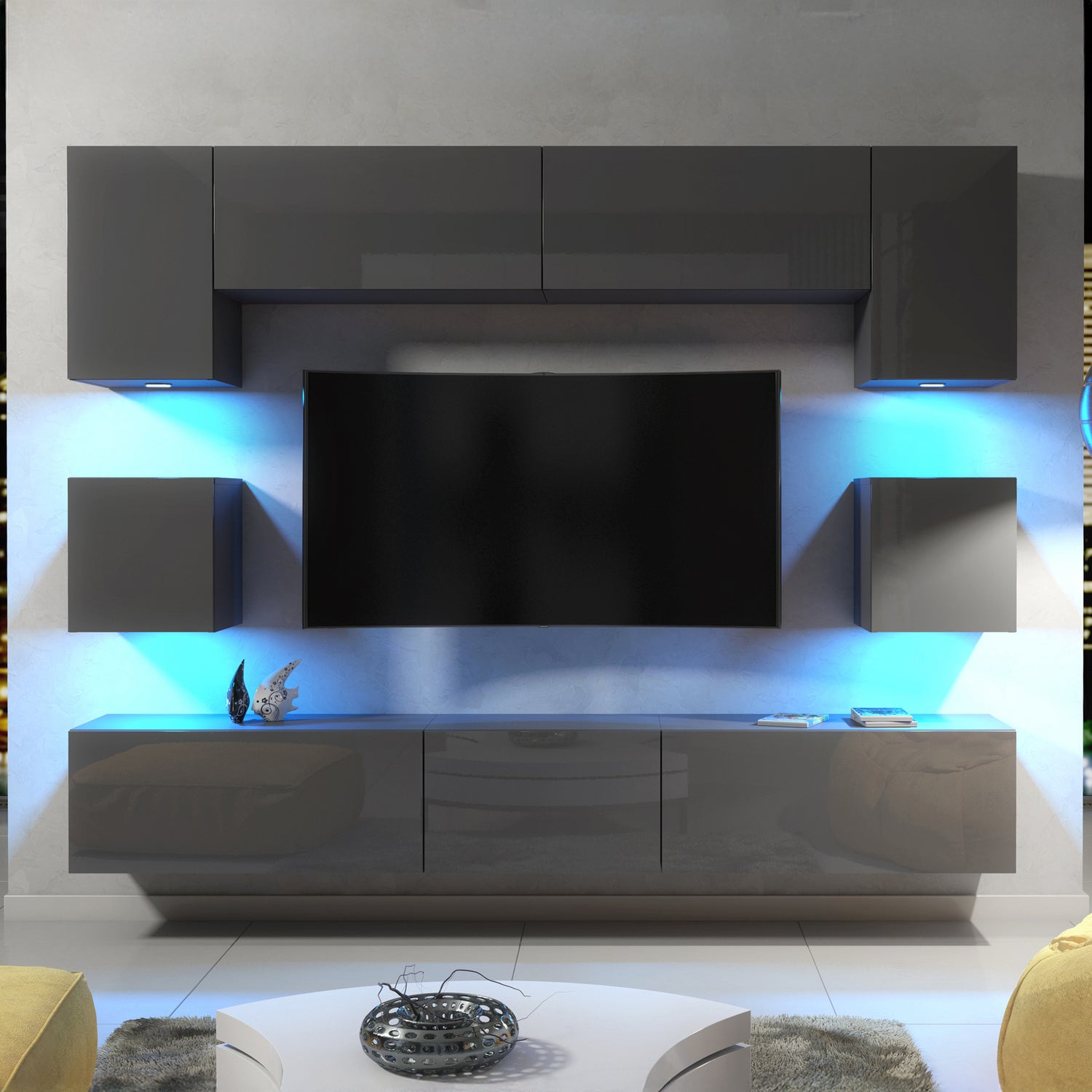 Wall Unit – High Gloss Doors – Free LED Lighting – Floating TV Cabinet Set – NOVA