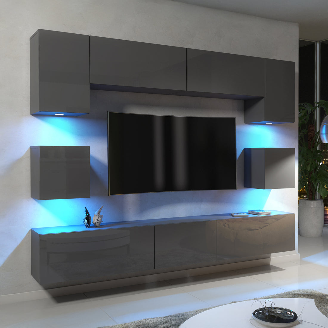 Wall Unit – High Gloss Doors – Free LED Lighting – Floating TV Cabinet Set – MODENA