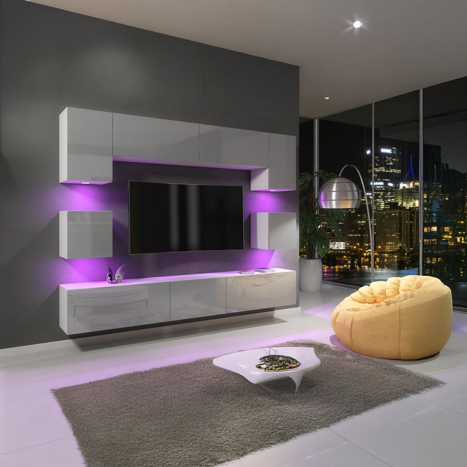 Wall Unit – High Gloss Doors – Free LED Lighting – Floating TV Cabinet Set – NOVA