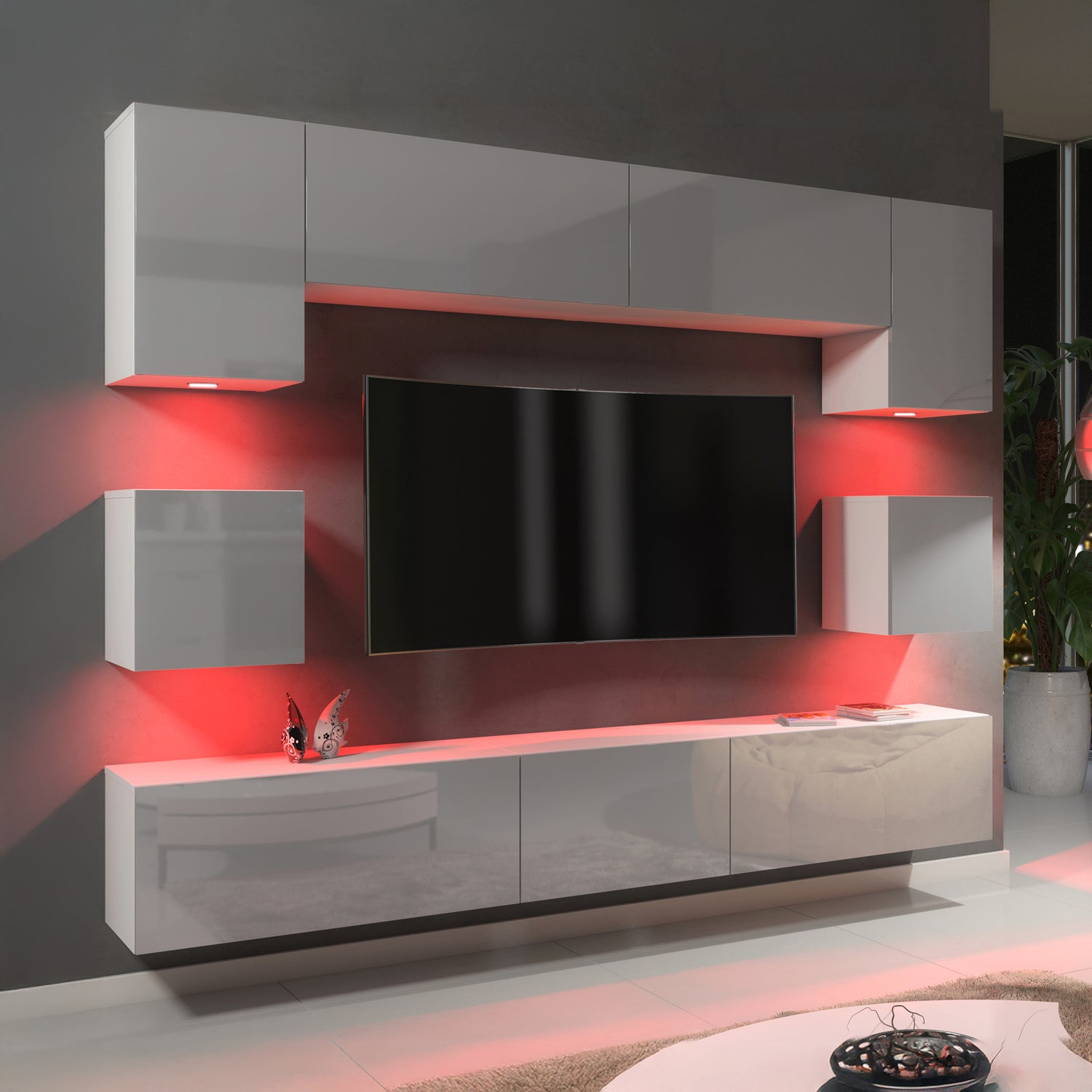 Wall Unit – High Gloss Doors – Free LED Lighting – Floating TV Cabinet Set – NOVA